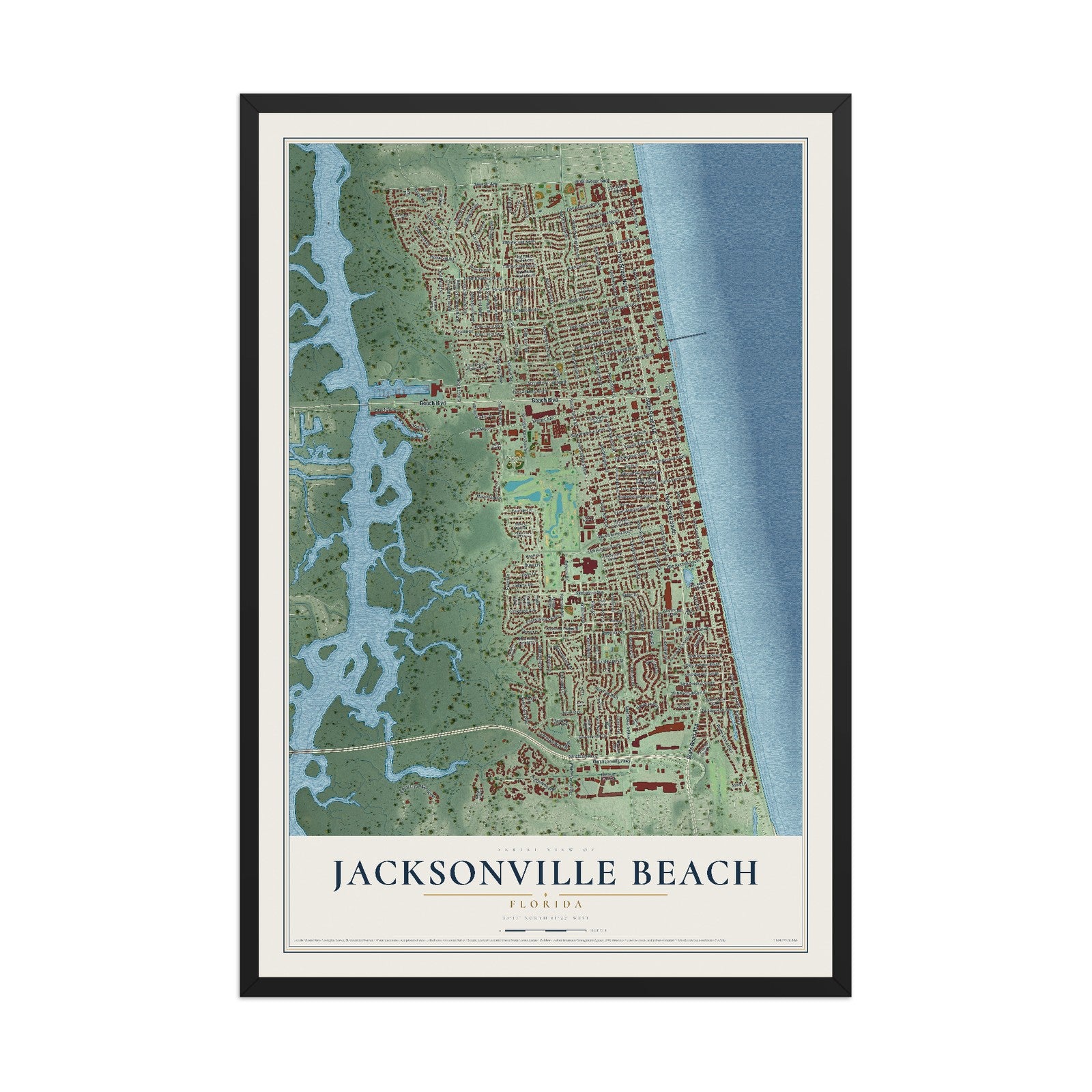 Jacksonville Beach, Florida map print, 12" x 18" W/ Black Ayous Wood Frame mockup