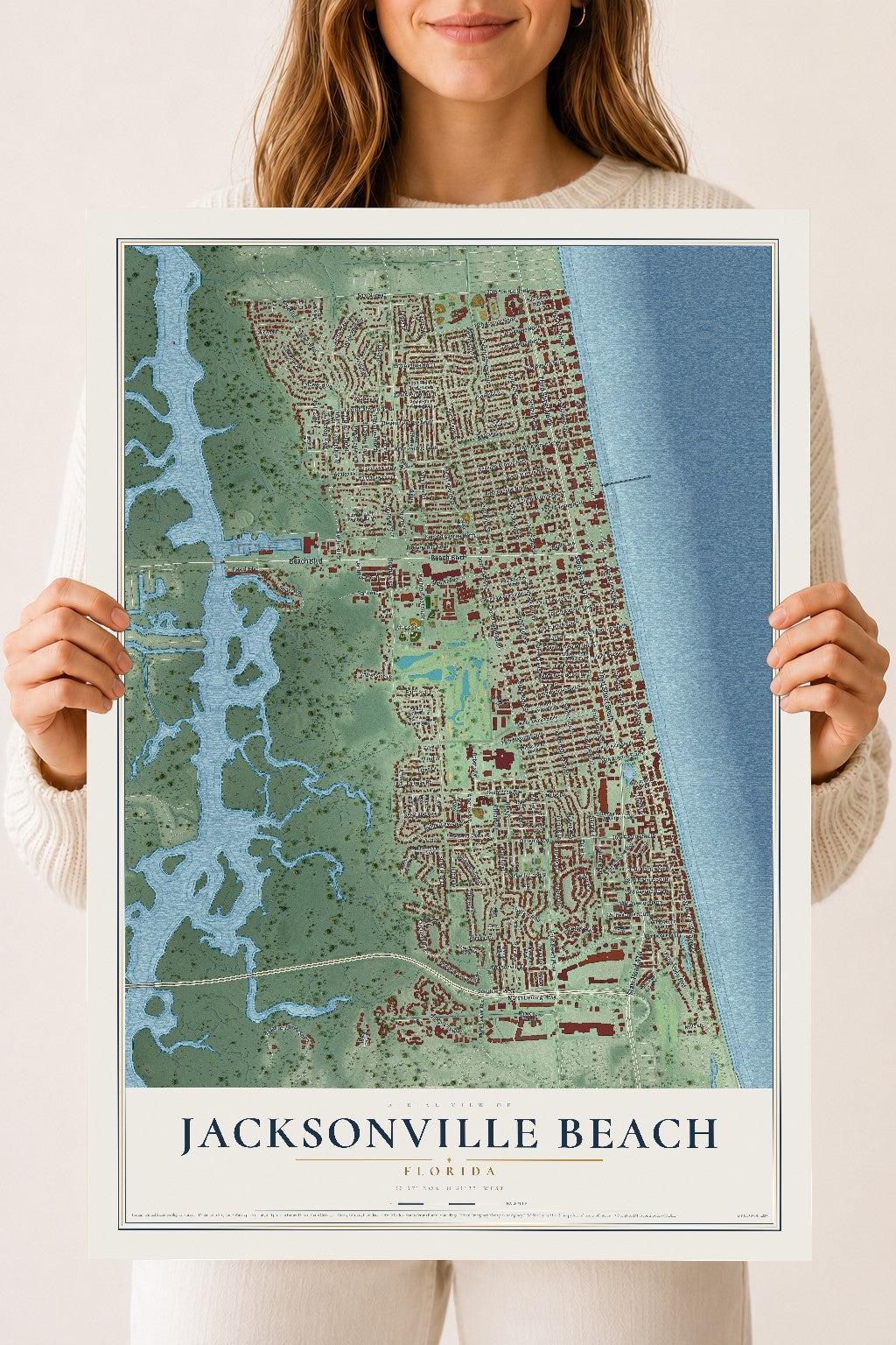 Jacksonville Beach, Florida map print, 18" x 24" Archival Matte Print mockup