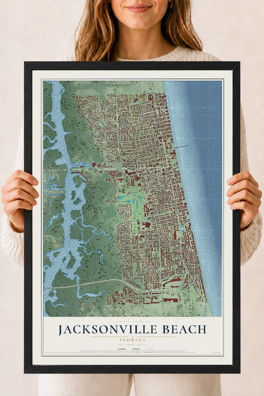 Jacksonville Beach, Florida map print, 18" x 24" W/ Black Ayous Wood Frame mockup