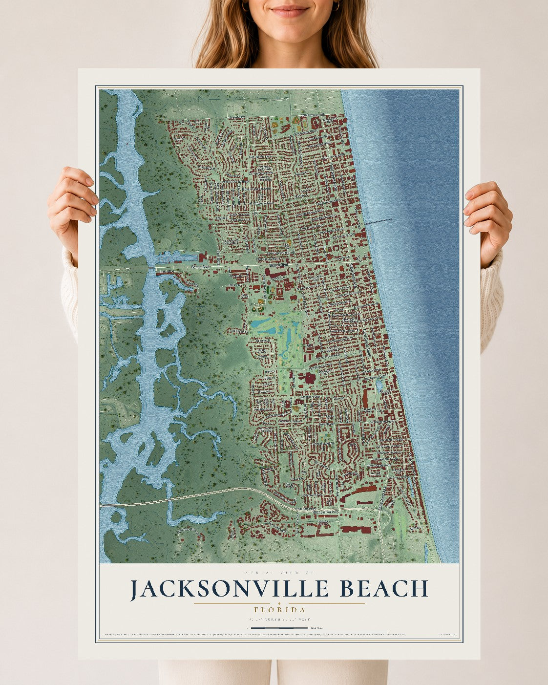 Jacksonville Beach, Florida map print, 24" x 36" Archival Matte Print mockup