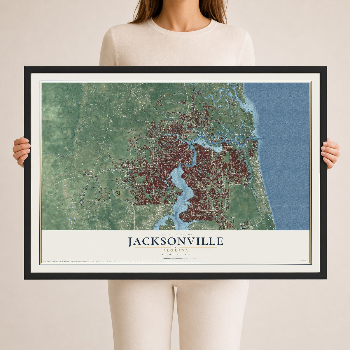 Jacksonville, Florida map print, 24" x 36" W/ Black Ayous Wood Frame mockup