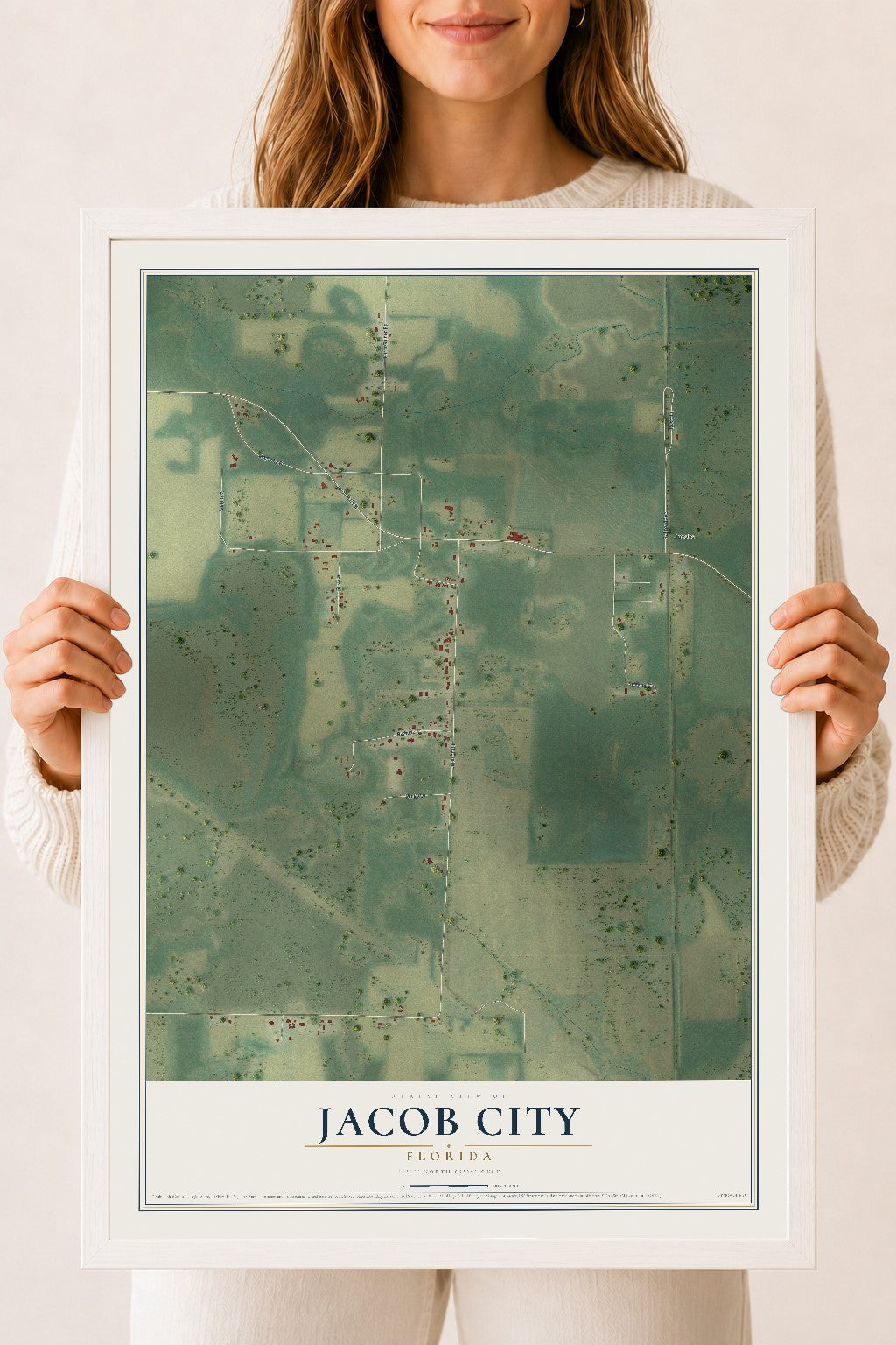 Jacob City, Florida map print, 18" x 24" W/ White Ayous Wood Frame mockup