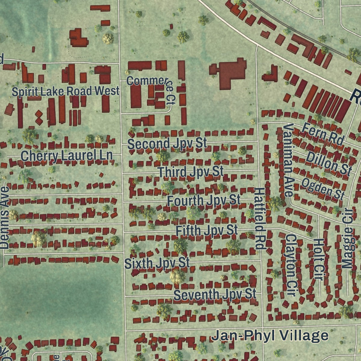 Close-up of the map of Jan Phyl Village, Florida print showing street and building detail