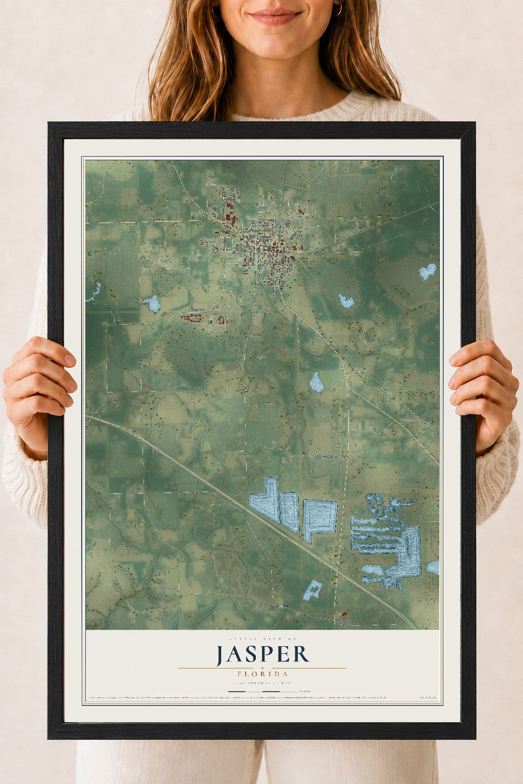 Jasper, Florida map print, 18" x 24" W/ Black Ayous Wood Frame mockup