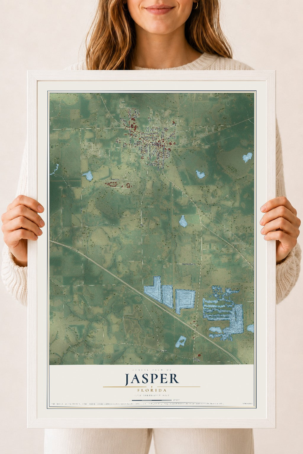 Jasper, Florida map print, 18" x 24" W/ White Ayous Wood Frame mockup