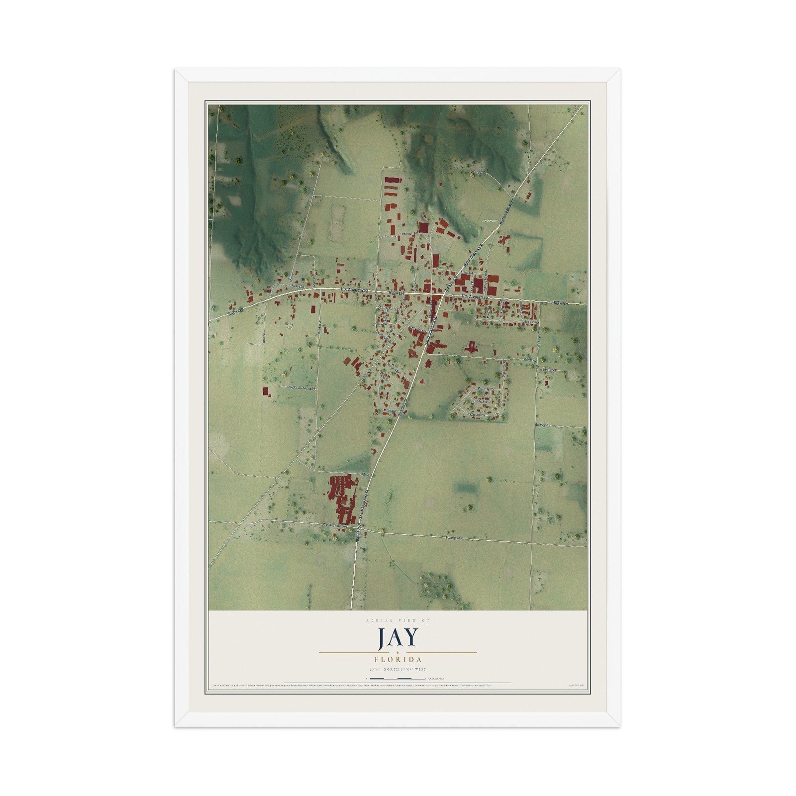 Jay, Florida map print, 12" x 18" W/ White Ayous Wood Frame mockup