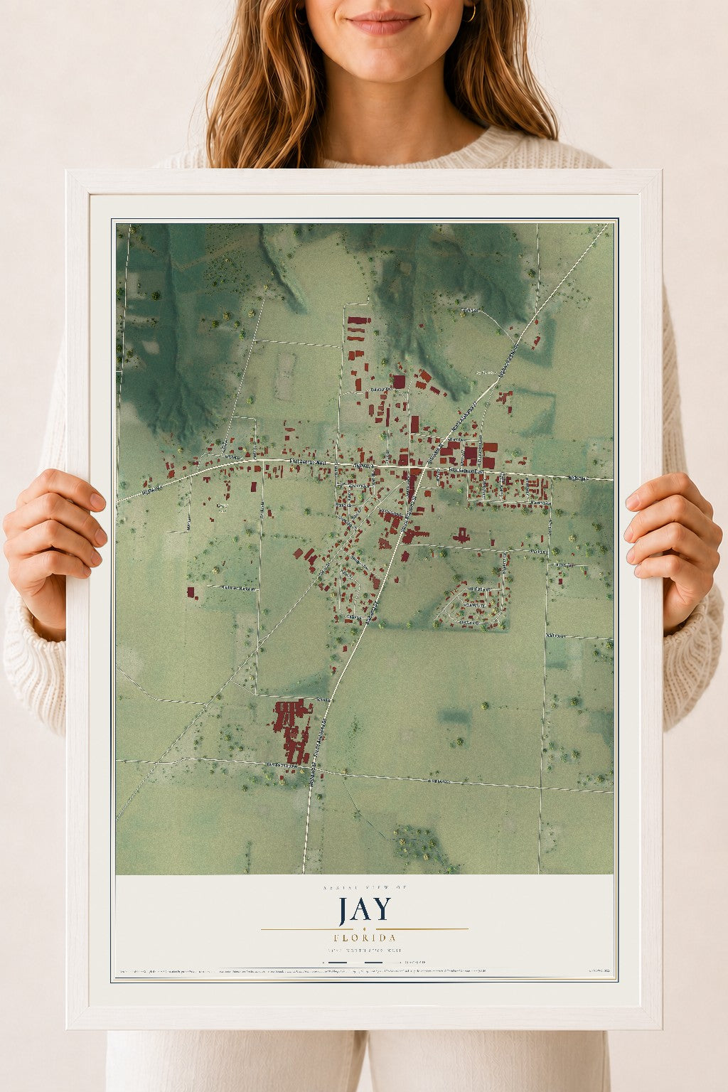 Jay, Florida map print, 18" x 24" W/ White Ayous Wood Frame mockup