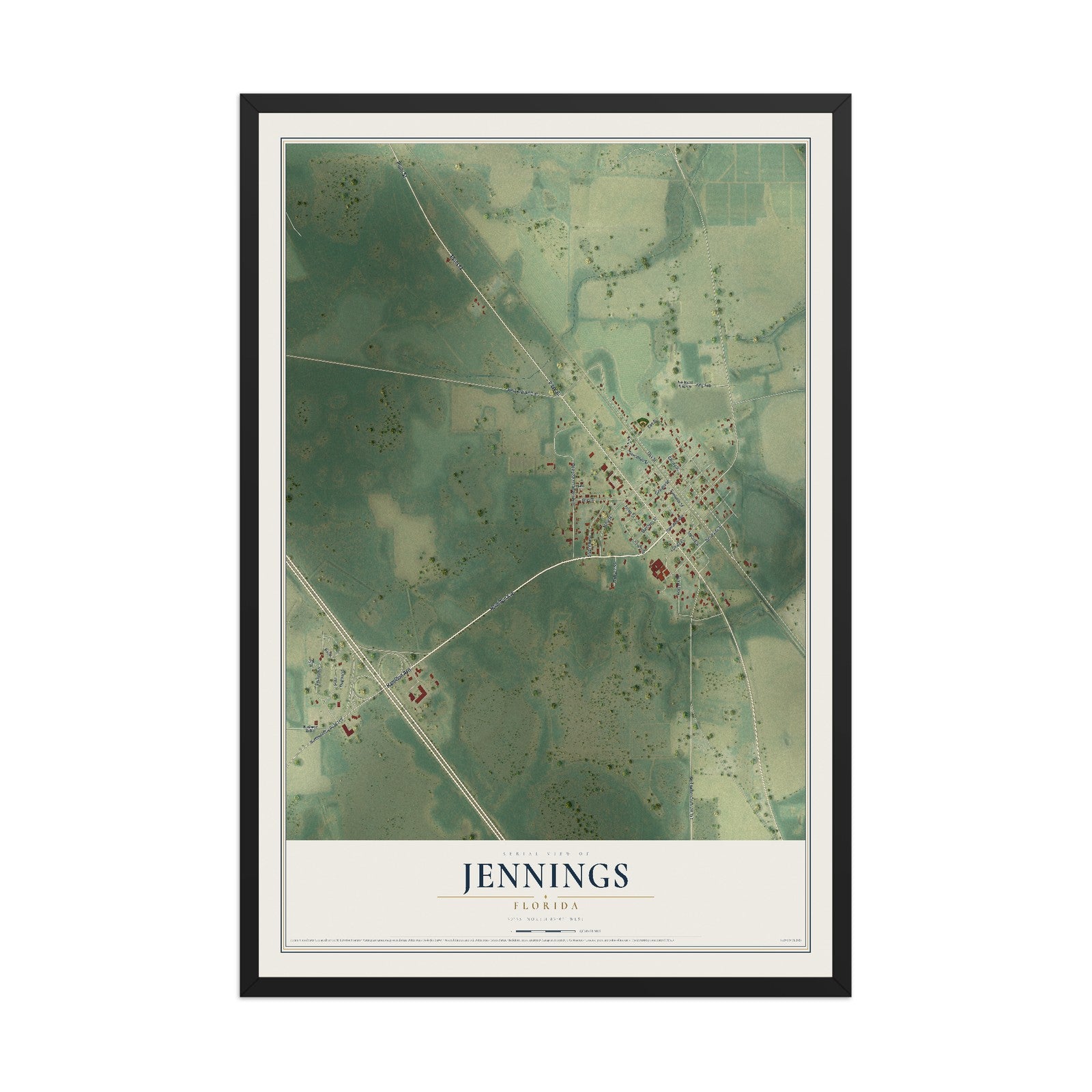 Jennings, Florida map print, 12" x 18" W/ Black Ayous Wood Frame mockup