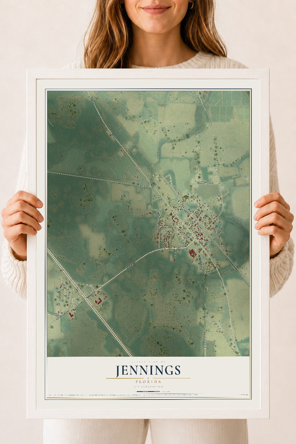 Jennings, Florida map print, 18" x 24" W/ White Ayous Wood Frame mockup