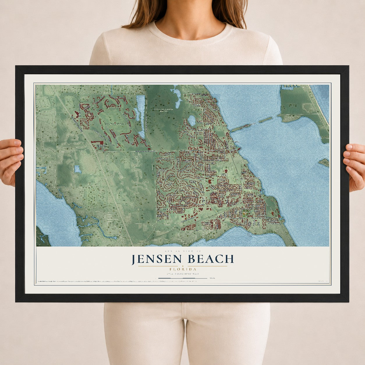 Jensen Beach, Florida map print, 18" x 24" W/ Black Ayous Wood Frame mockup