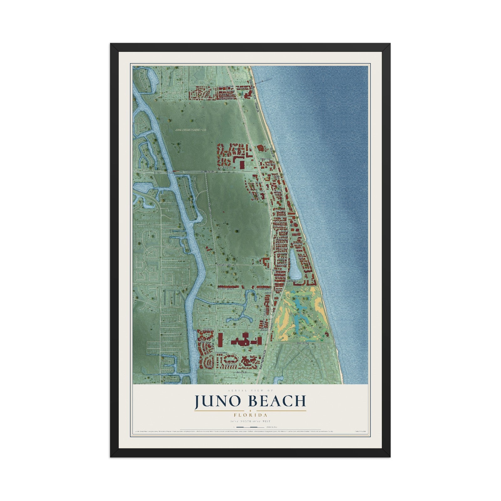 Juno Beach, Florida map print, 12" x 18" W/ Black Ayous Wood Frame mockup