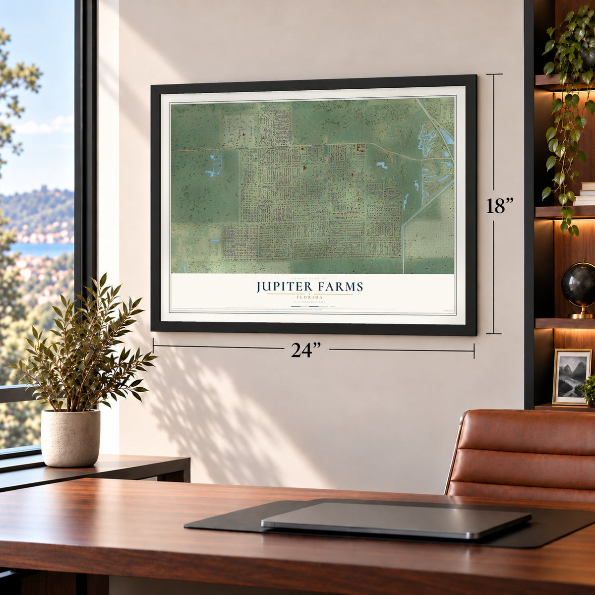 Jupiter Farms, Florida map, 18 x 24 inch print in a black frame in a home office