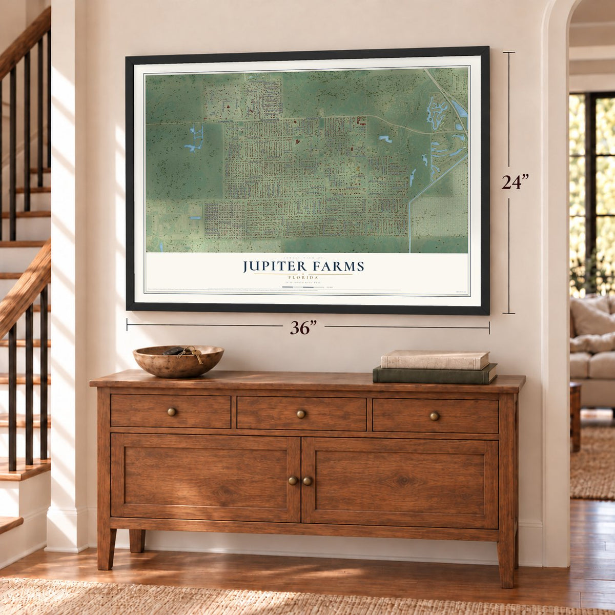 Jupiter Farms, Florida map, 24 x 36 inch print in a black frame above a dresser by a staircase