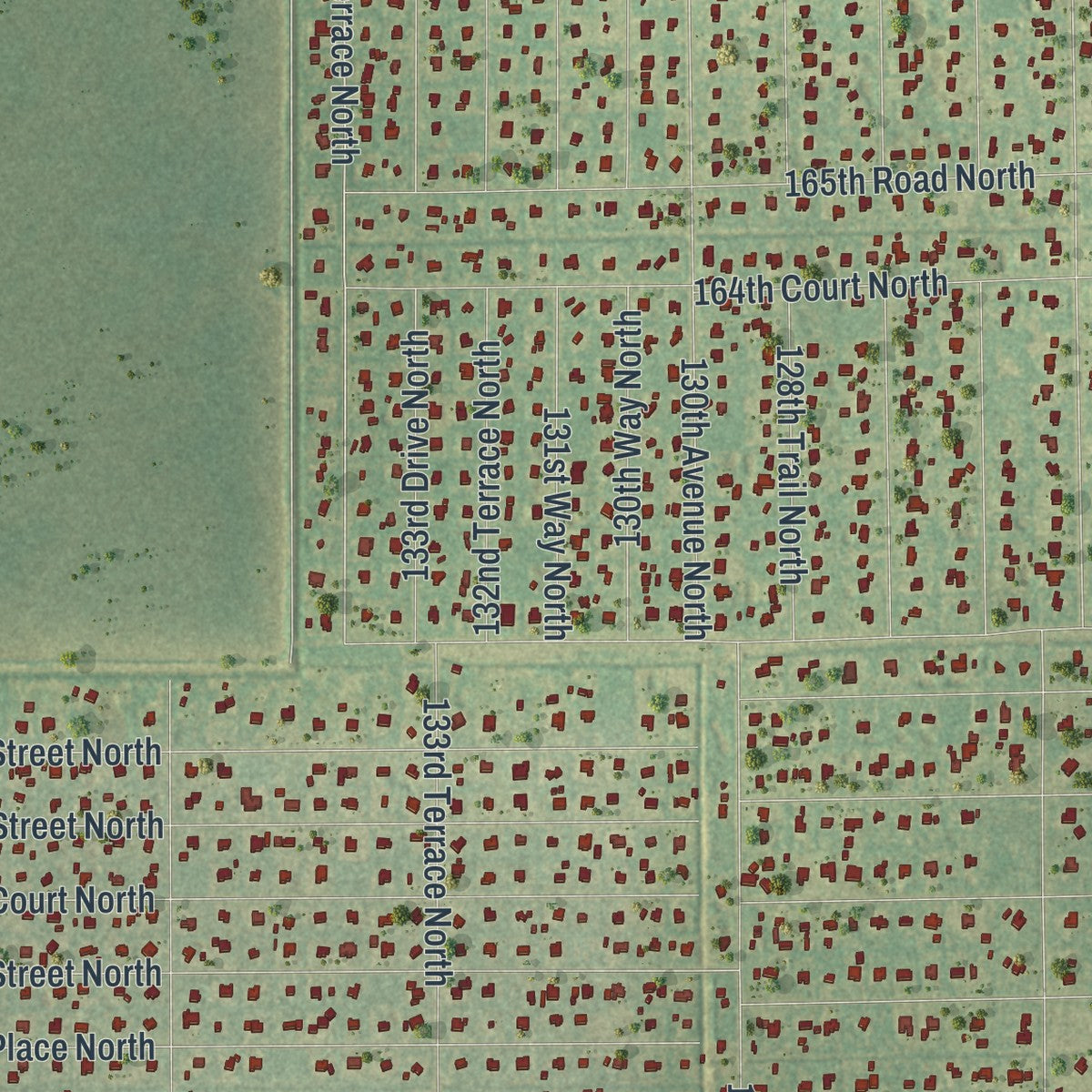 Close-up of the map of Jupiter Farms, Florida print showing street and building detail