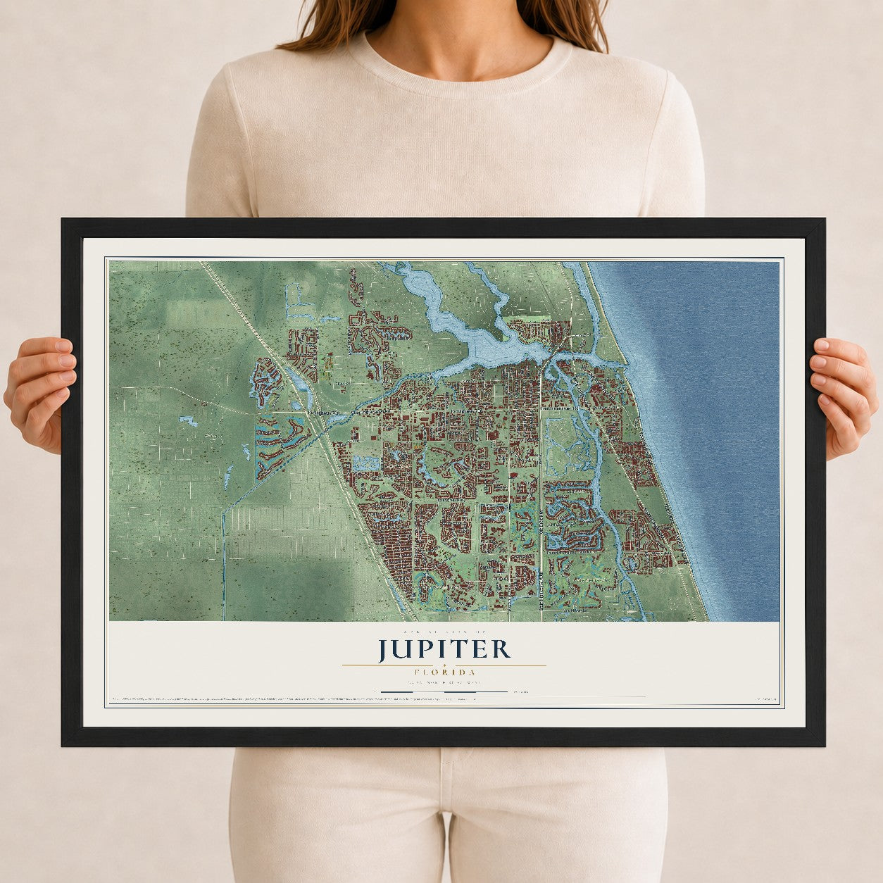 Jupiter, Florida map print, 12" x 18" W/ Black Ayous Wood Frame mockup
