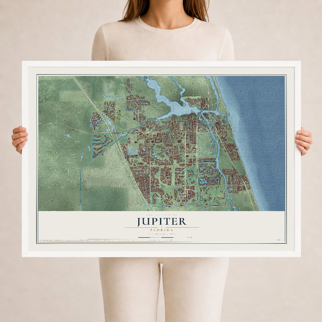 Jupiter, Florida map print, 24" x 36" W/ White Ayous Wood Frame mockup