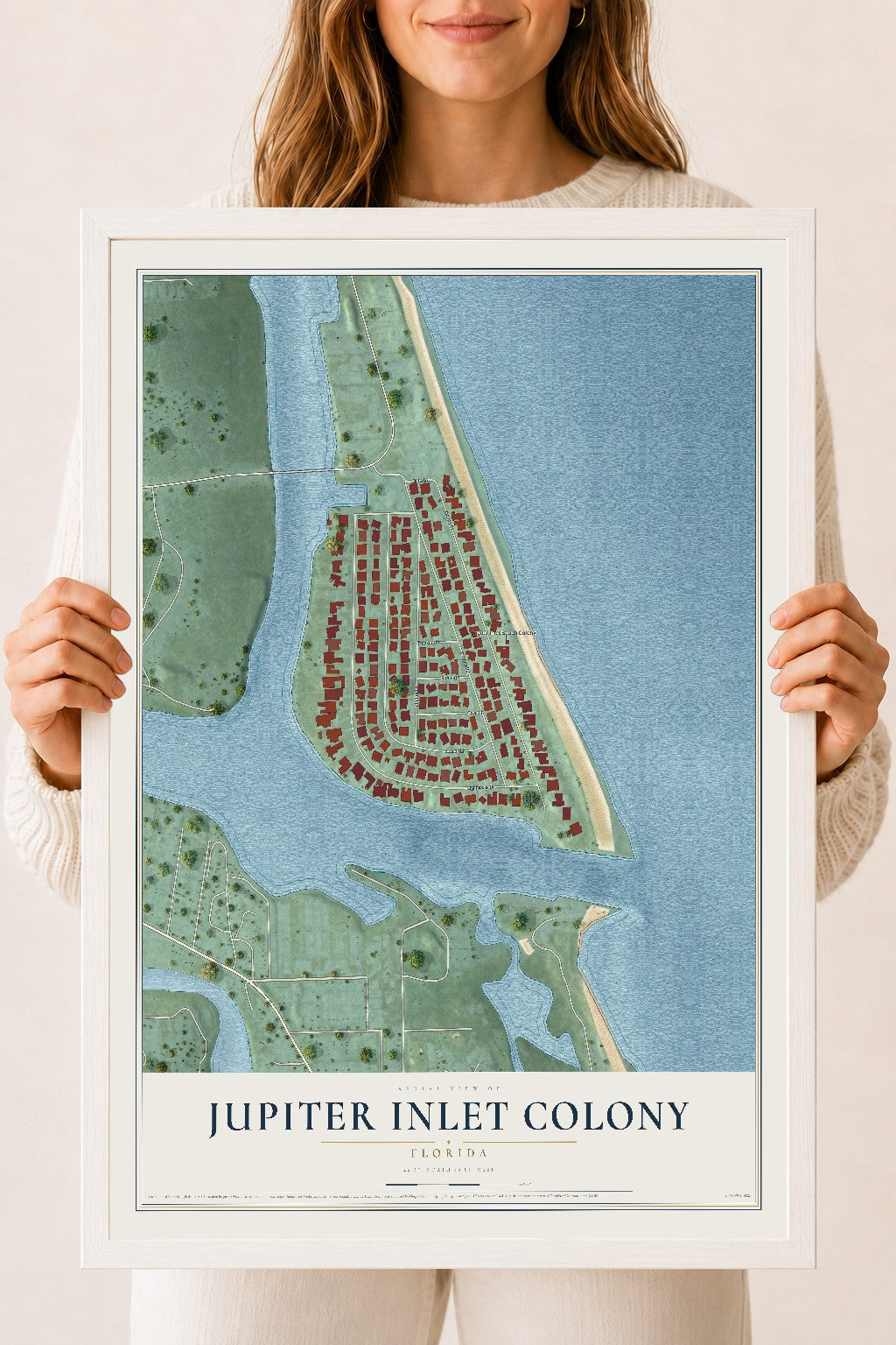 Jupiter Inlet Colony, Florida map print, 18" x 24" W/ White Ayous Wood Frame mockup