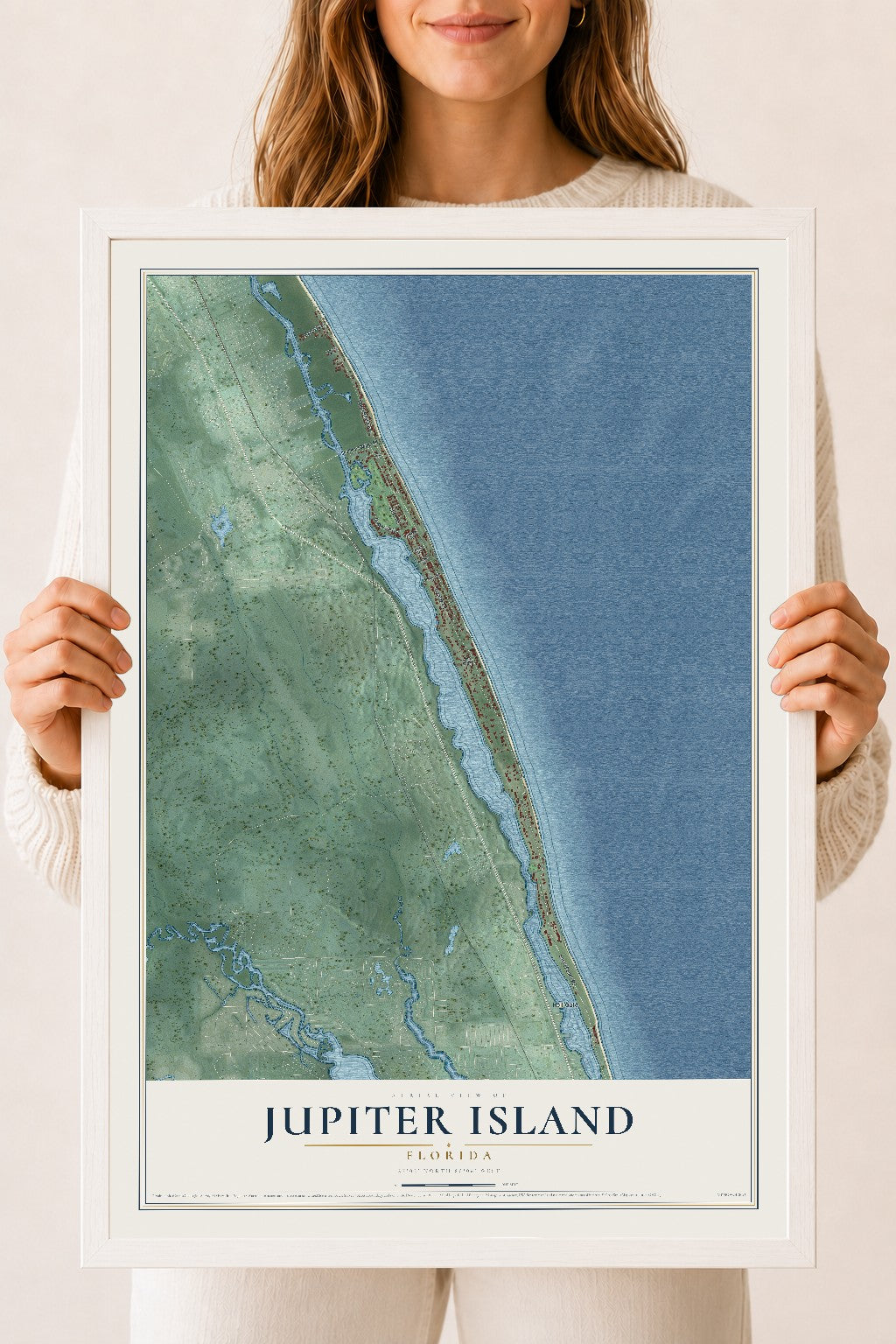 Jupiter Island, Florida map print, 18" x 24" W/ White Ayous Wood Frame mockup