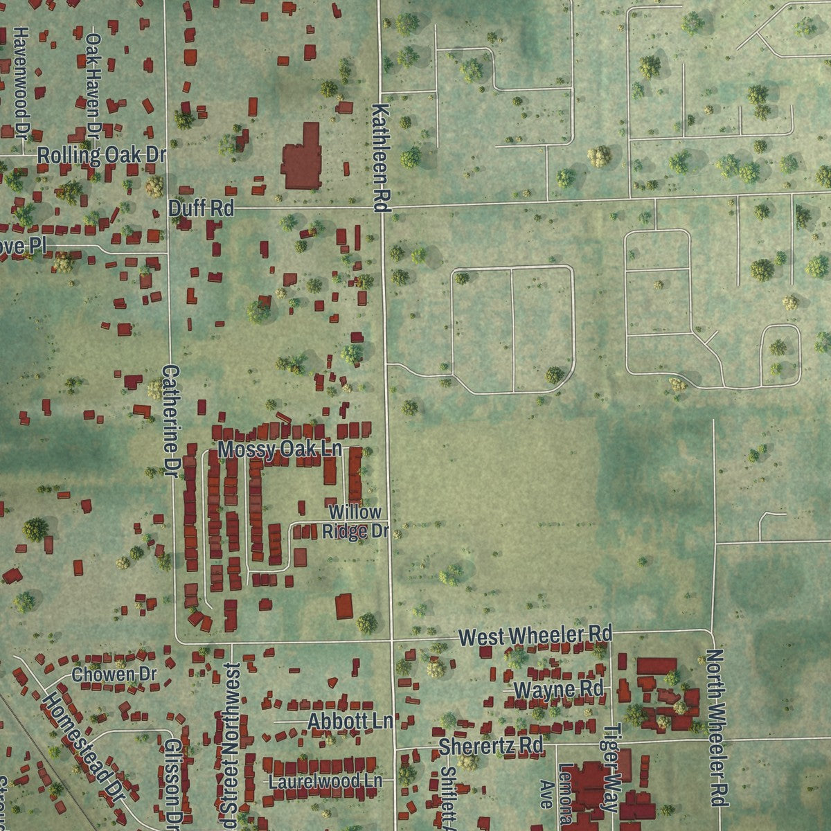 Close-up of the map of Kathleen, Florida print showing street and building detail