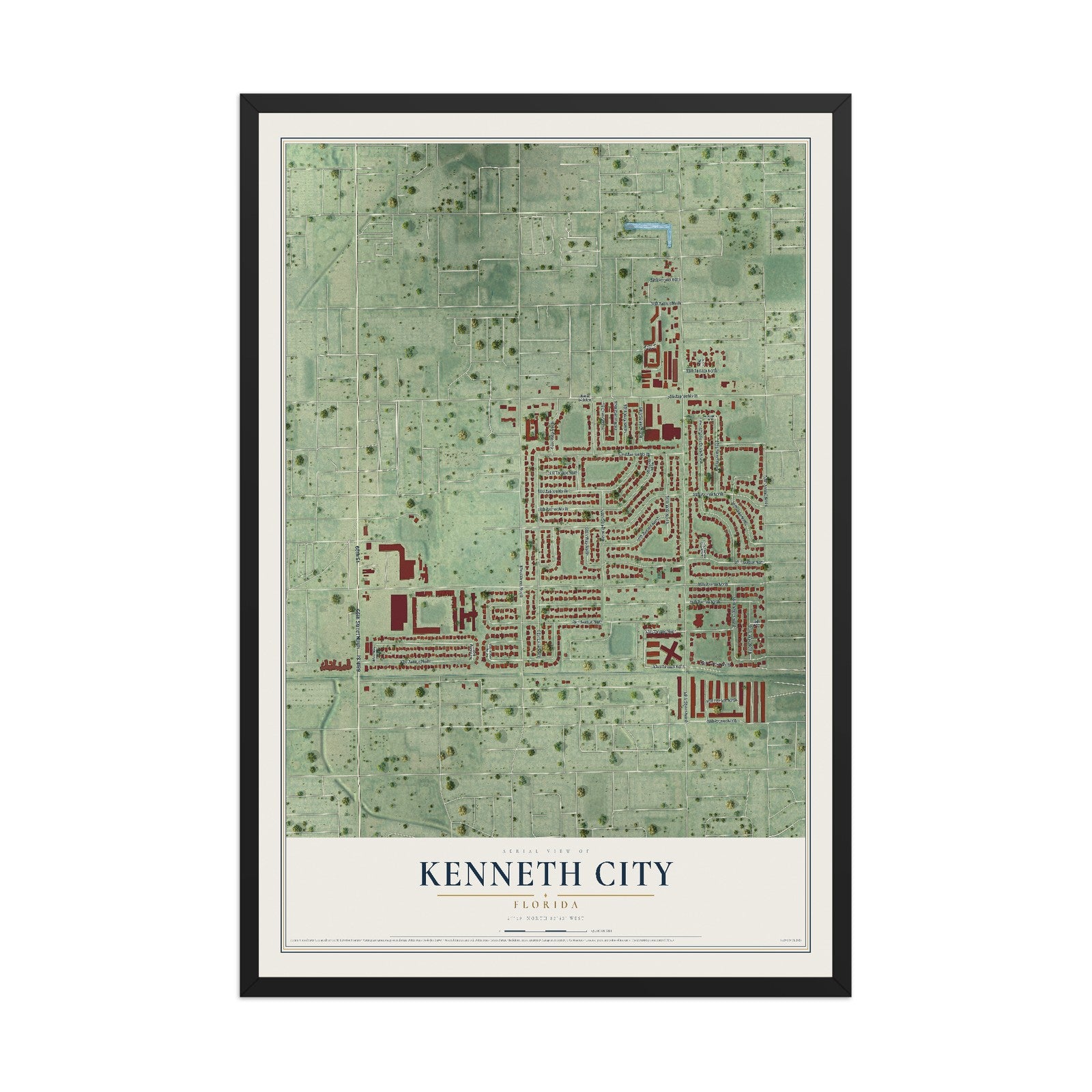 Kenneth City, Florida map print, 12" x 18" W/ Black Ayous Wood Frame mockup