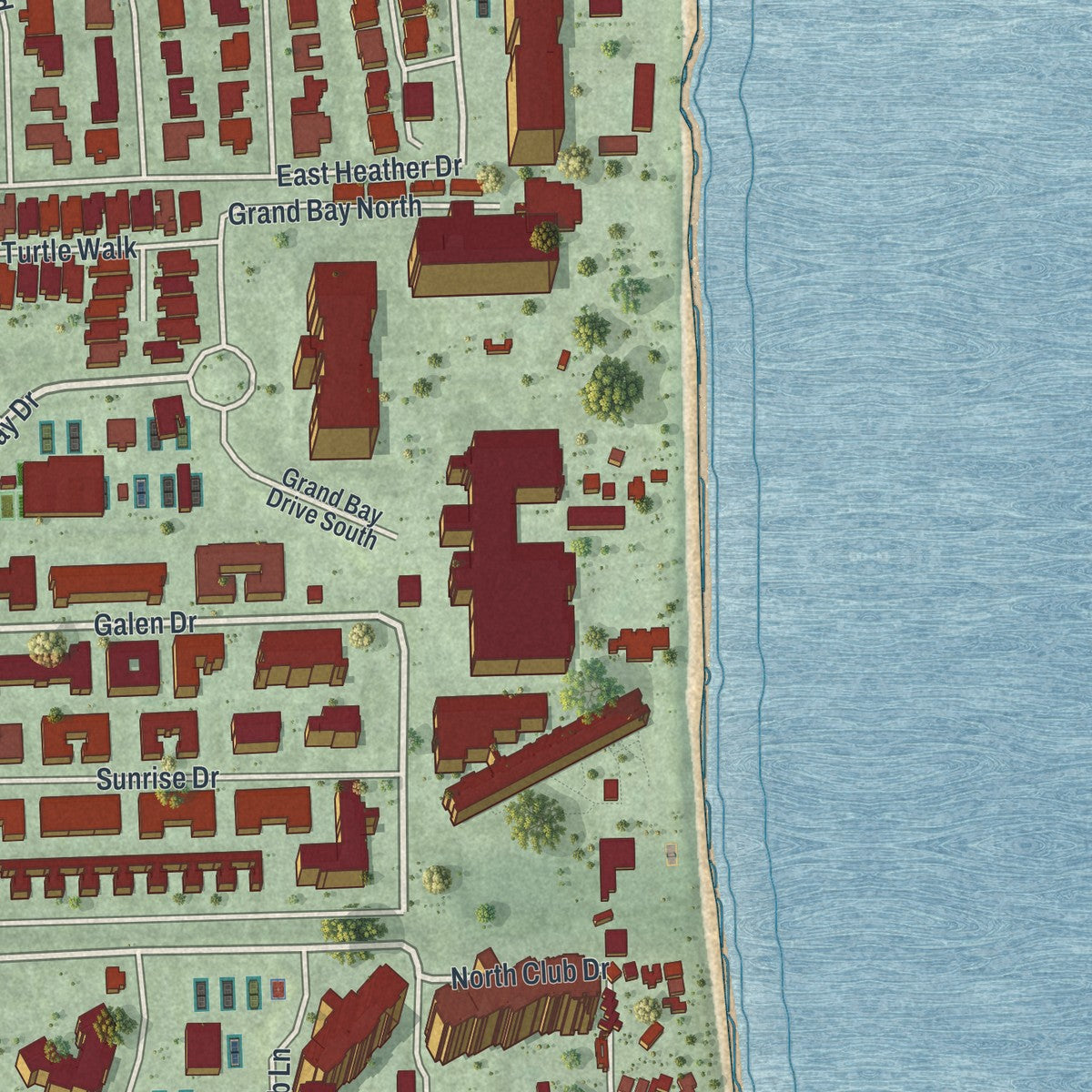 Close-up 2 of the Key Biscayne, Florida map artwork