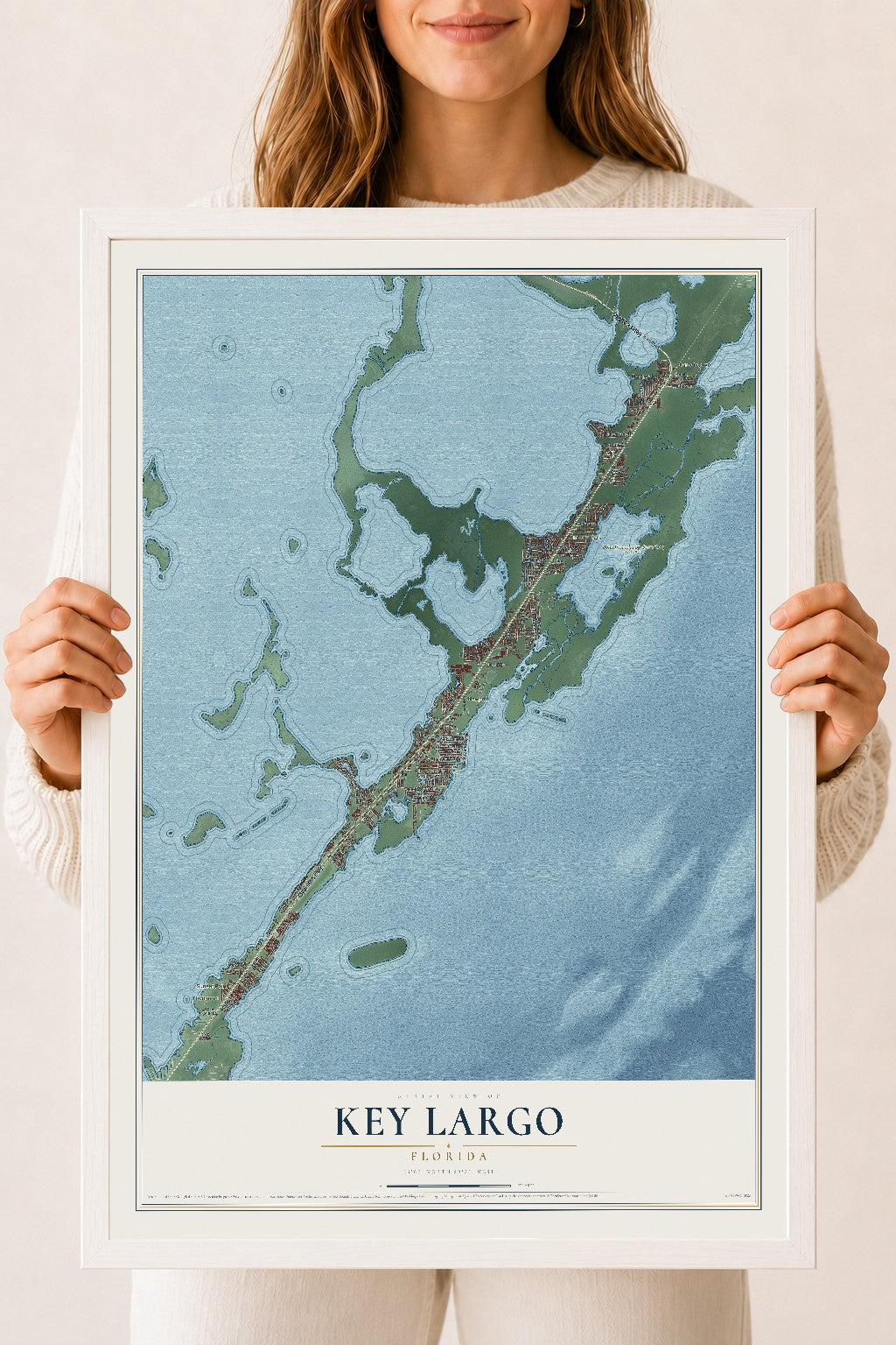 Key Largo, Florida map print, 18" x 24" W/ White Ayous Wood Frame mockup