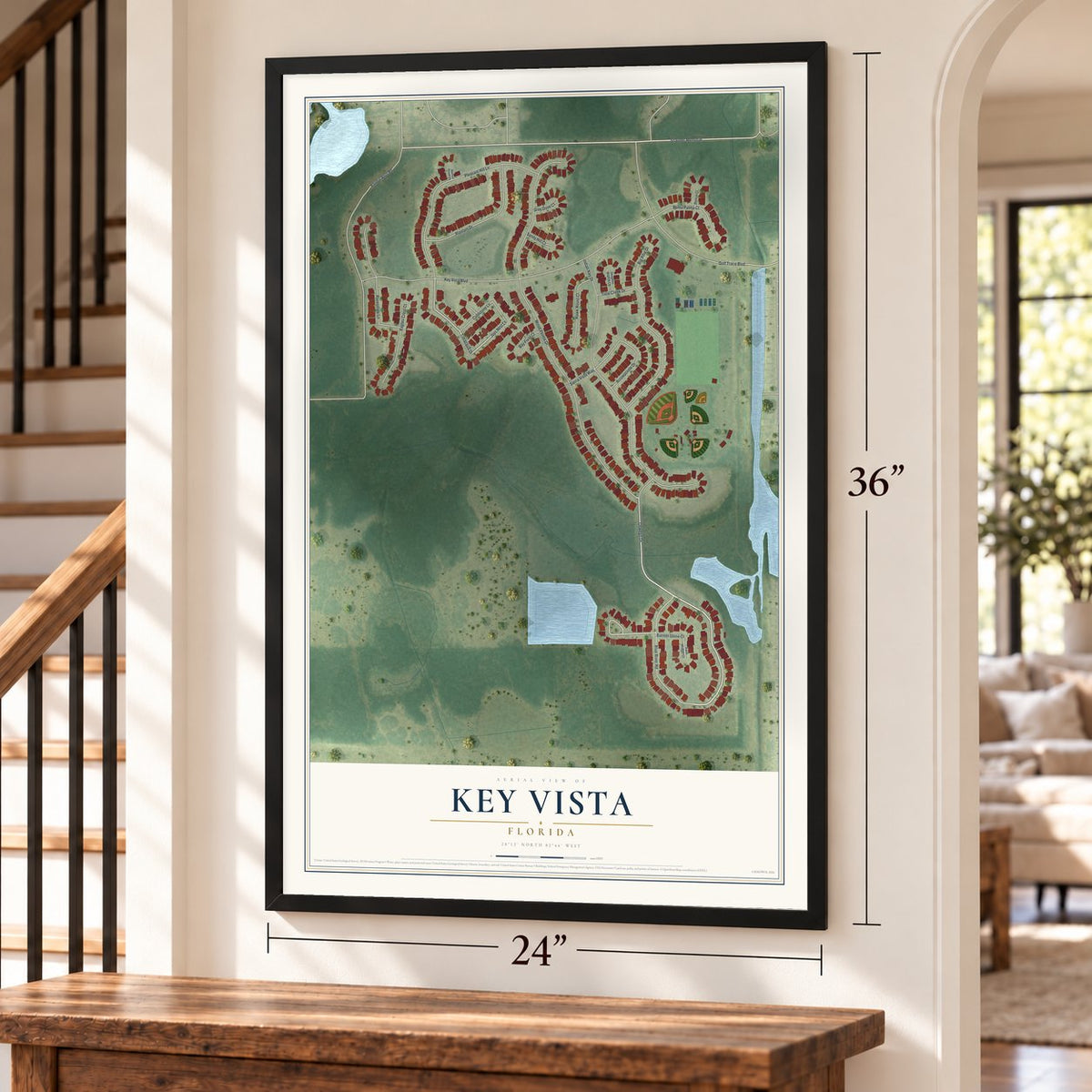 Key Vista, Florida map, 24 x 36 inch print in a black frame by a staircase