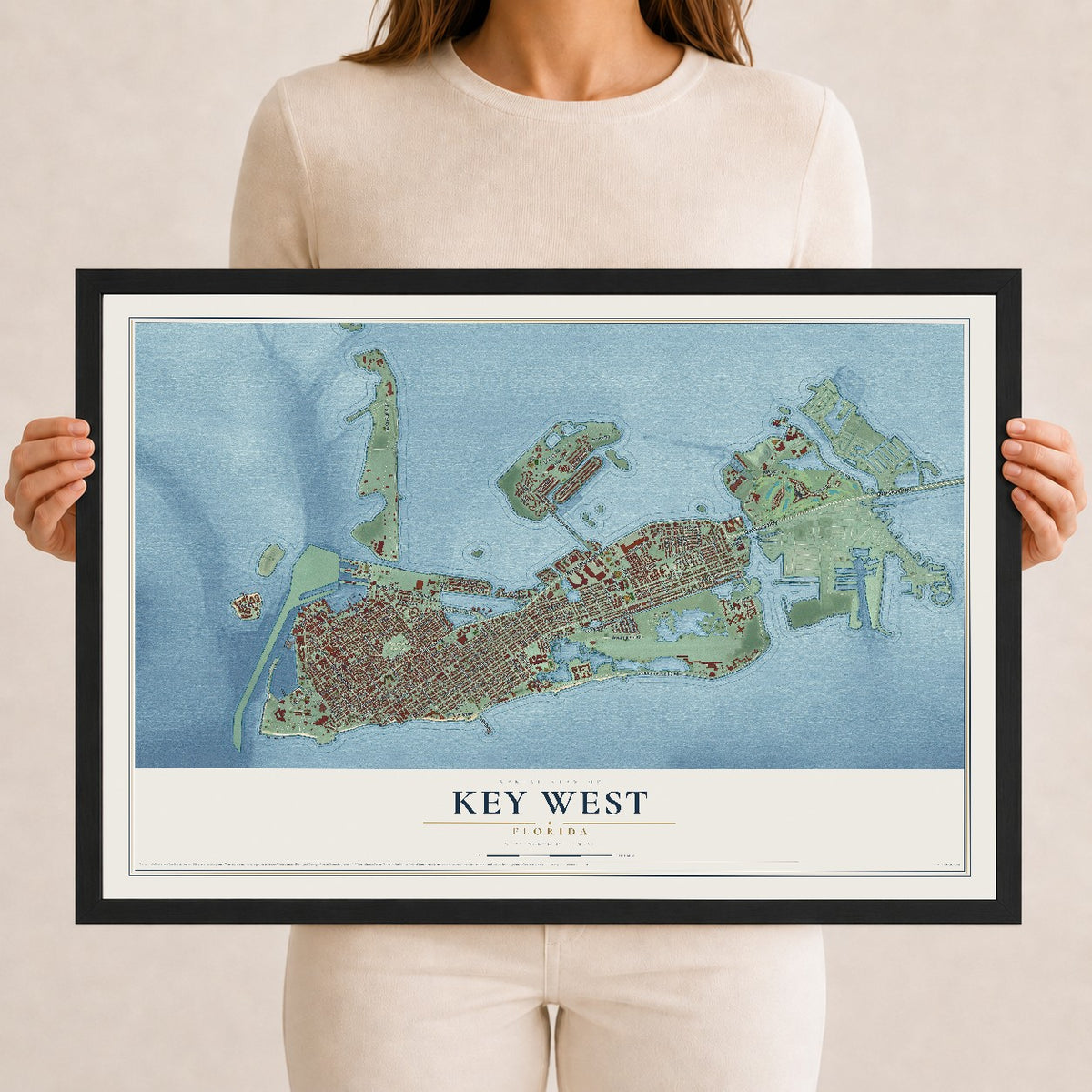 Key West, Florida map print, 12" x 18" W/ Black Ayous Wood Frame mockup