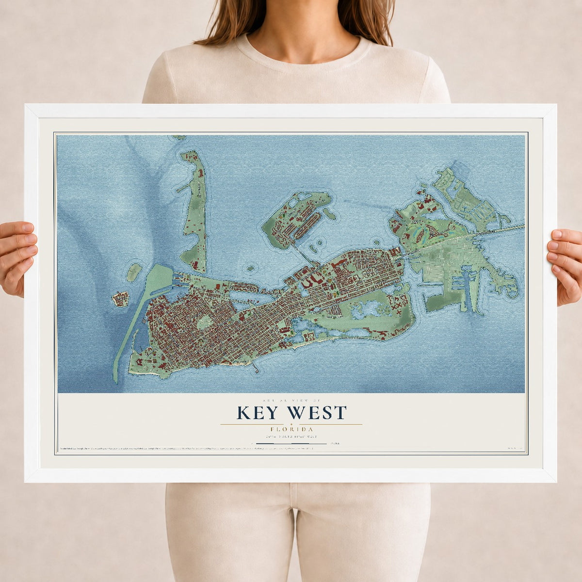 Key West, Florida map print, 18" x 24" W/ White Ayous Wood Frame mockup