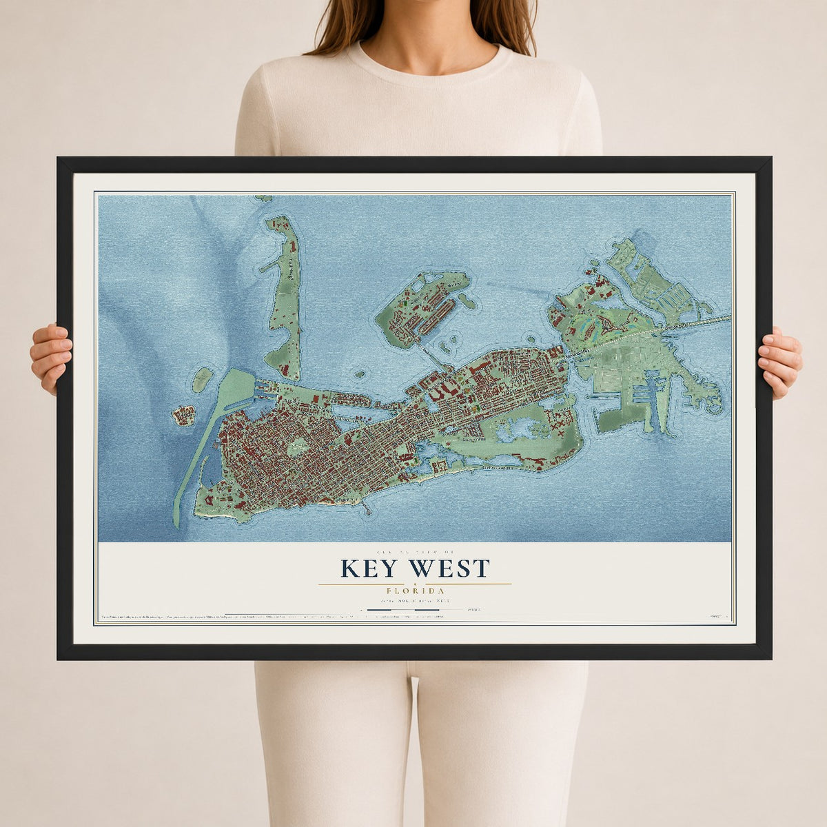 Key West, Florida map print, 24" x 36" W/ Black Ayous Wood Frame mockup
