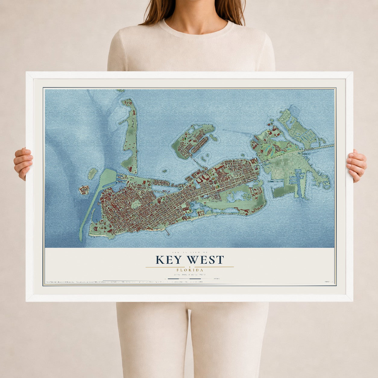 Key West, Florida map print, 24" x 36" W/ White Ayous Wood Frame mockup