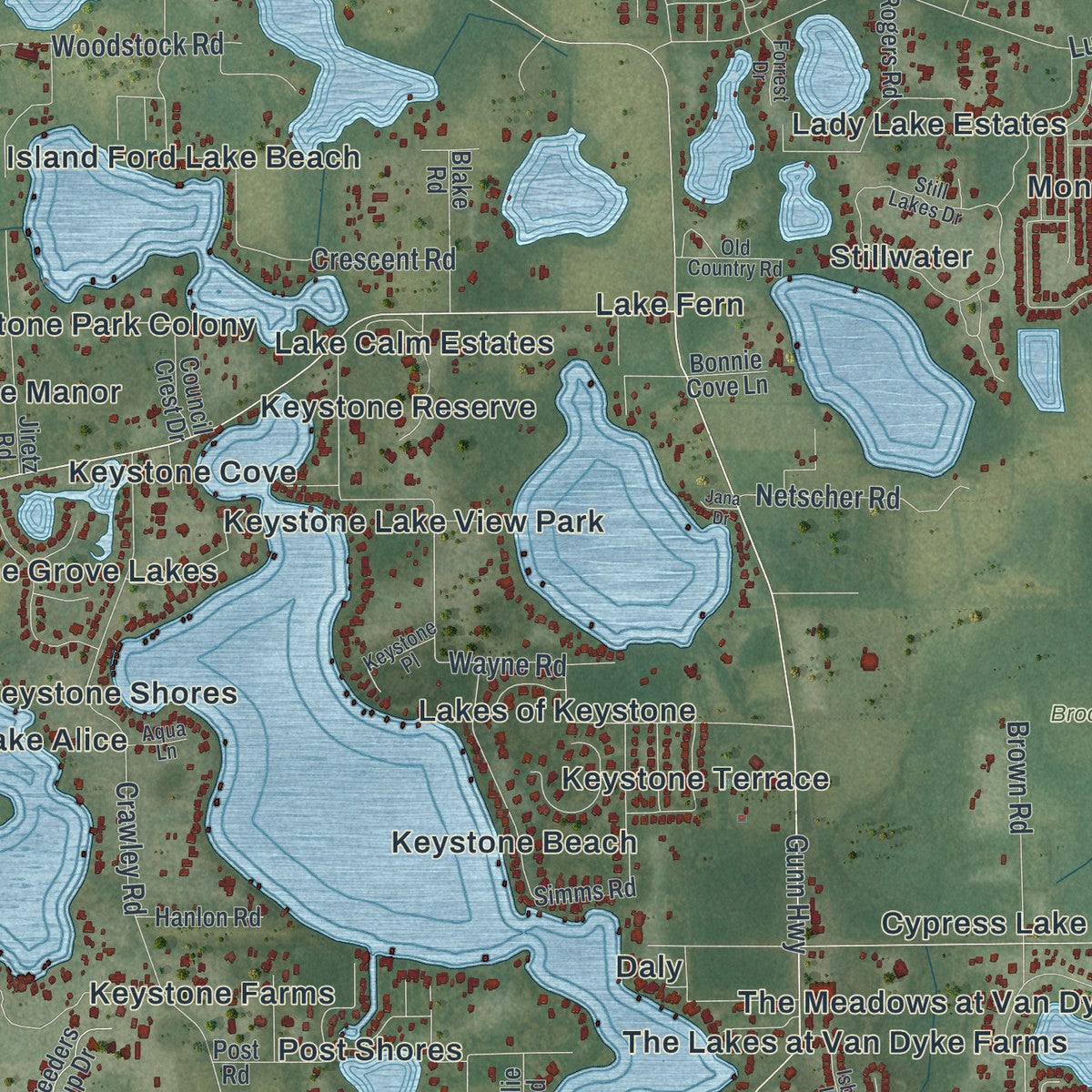 Close-up of the map of Keystone, Florida print showing street and building detail