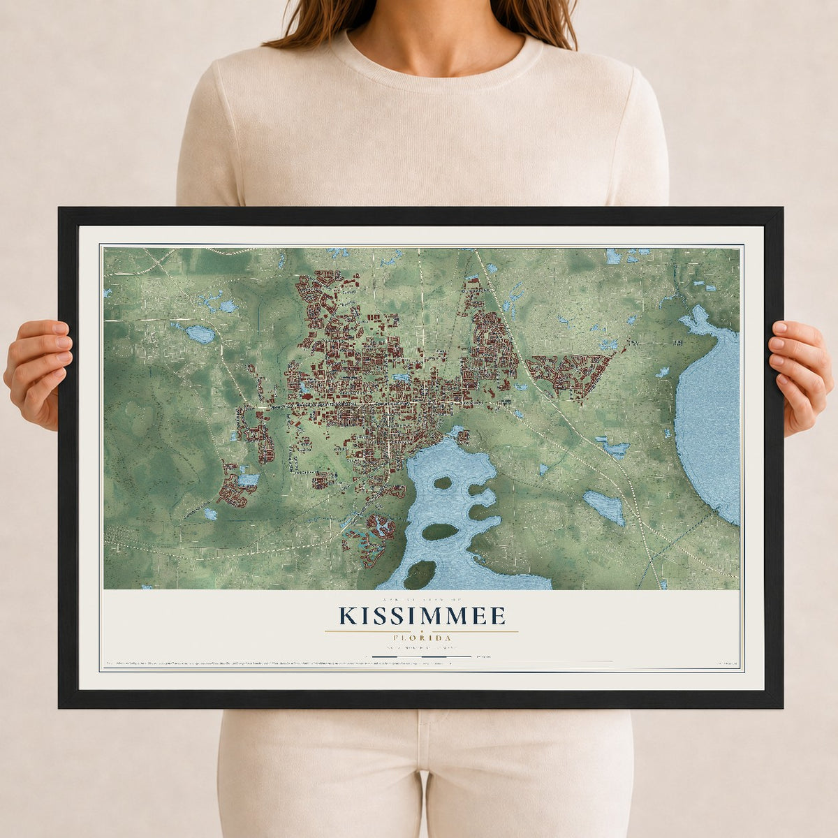 Kissimmee, Florida map print, 12" x 18" W/ Black Ayous Wood Frame mockup