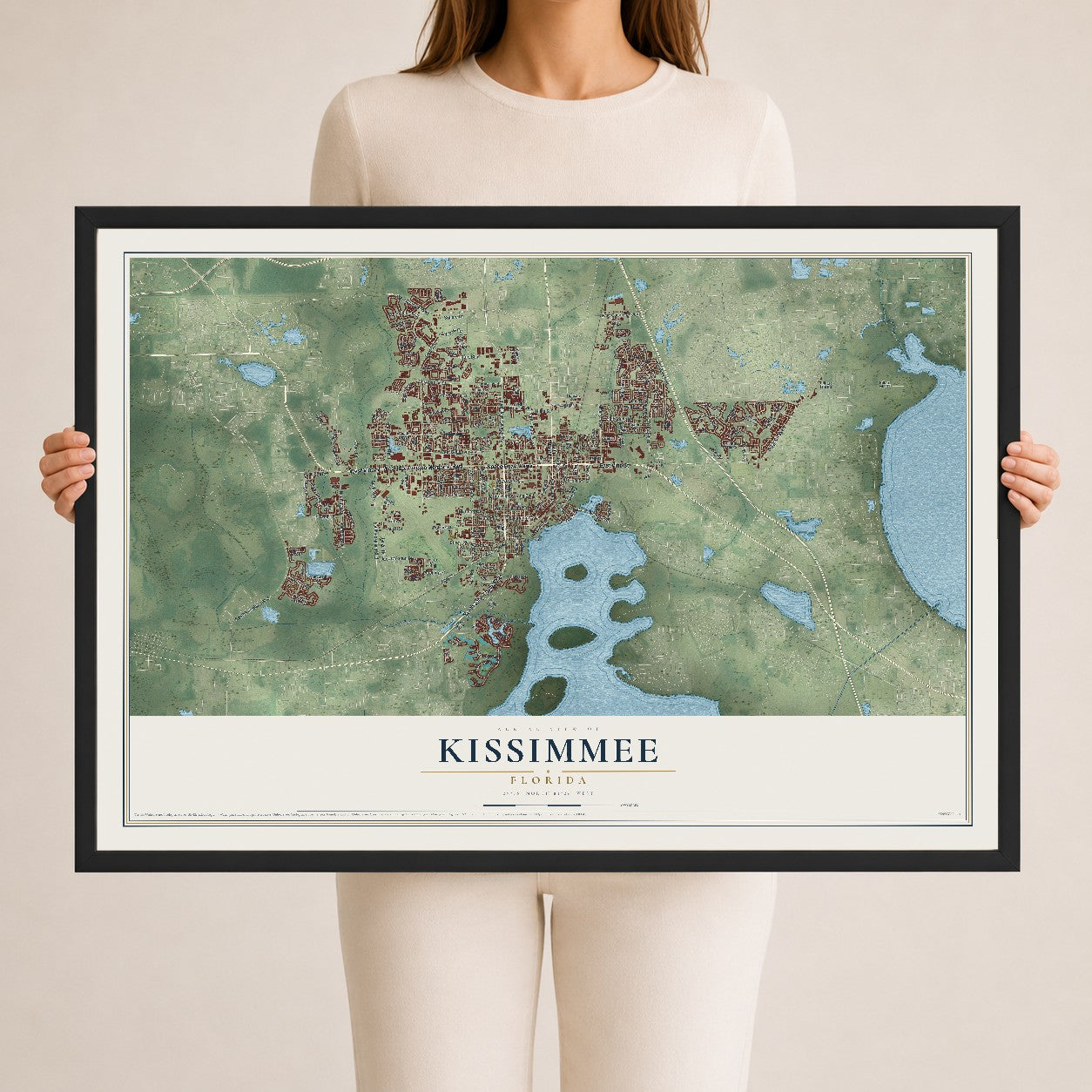 Kissimmee, Florida map print, 24" x 36" W/ Black Ayous Wood Frame mockup