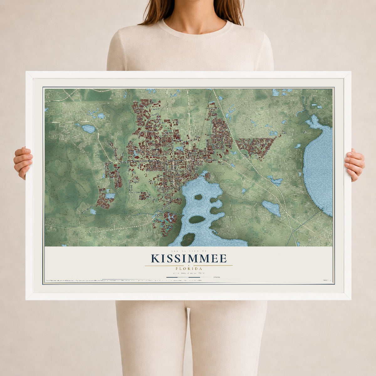 Kissimmee, Florida map print, 24" x 36" W/ White Ayous Wood Frame mockup