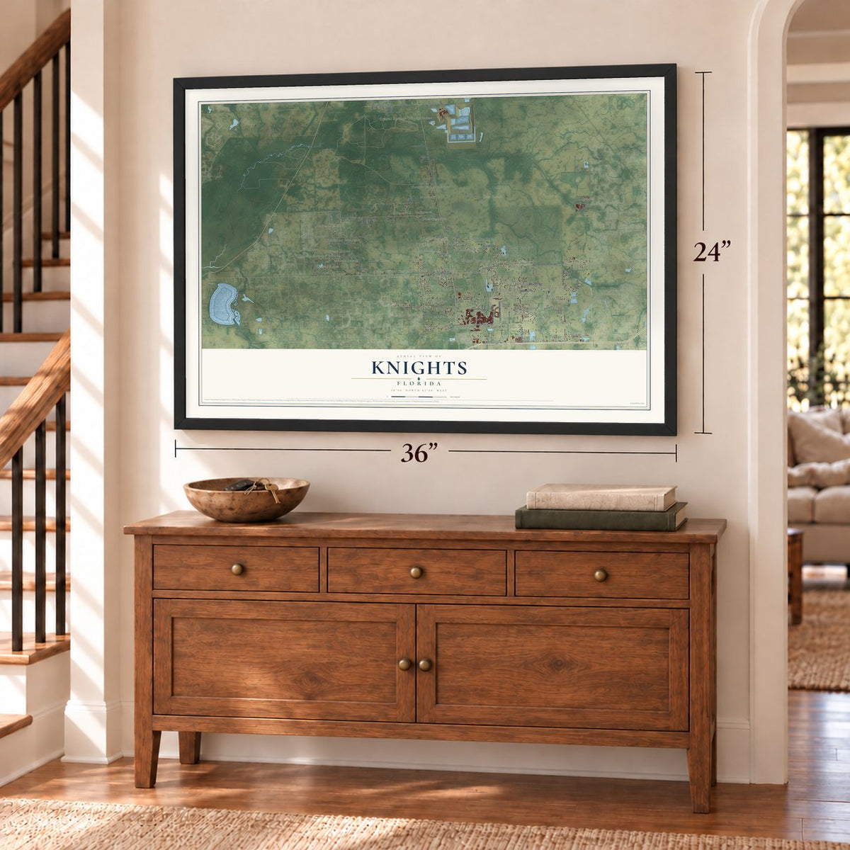 Knights, Florida map, 24 x 36 inch print in a black frame above a dresser by a staircase