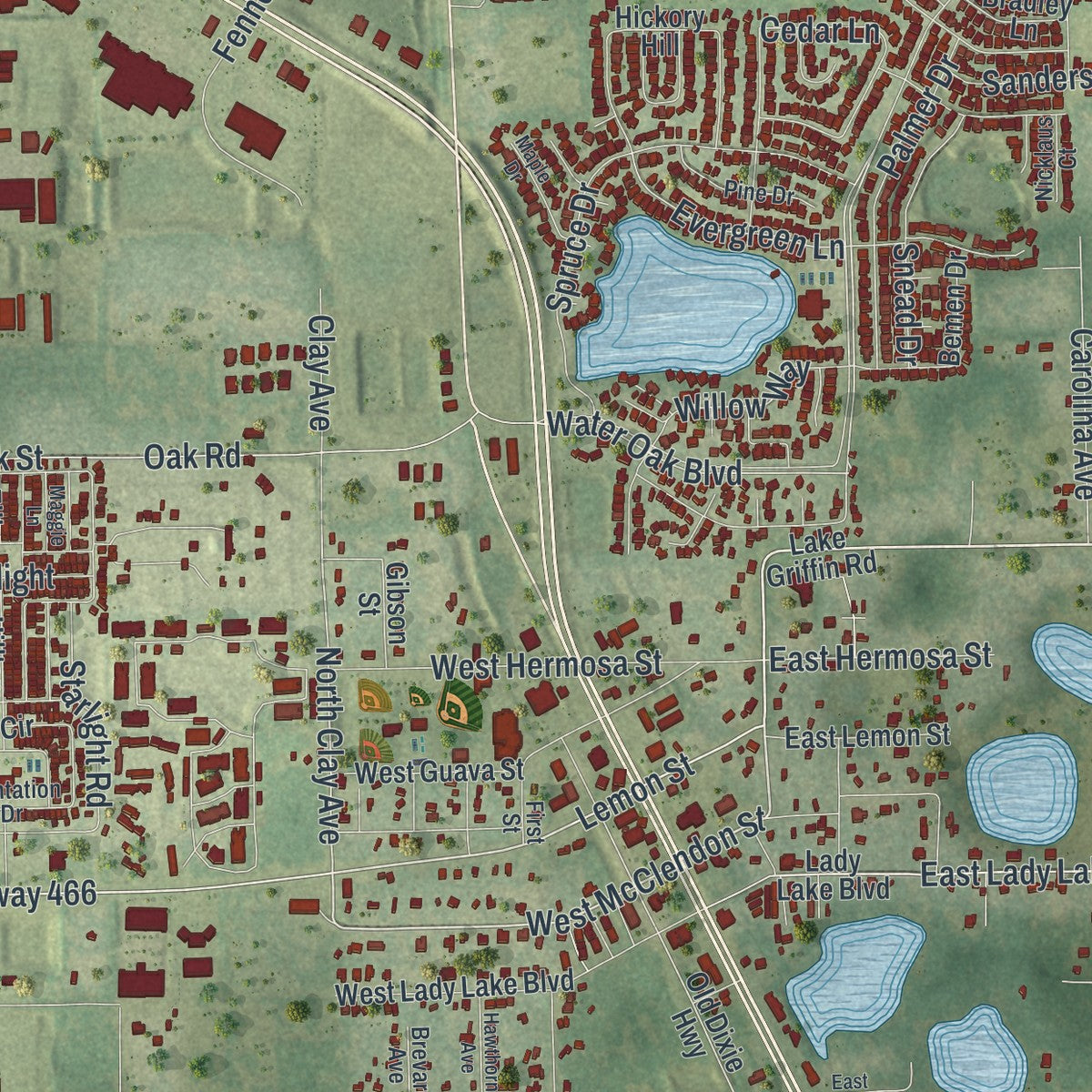 Close-up 2 of the Lady Lake, Florida map artwork