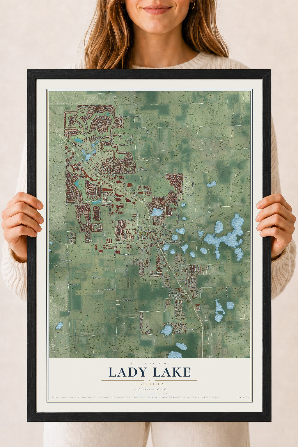 Lady Lake, Florida map print, 18" x 24" W/ Black Ayous Wood Frame mockup