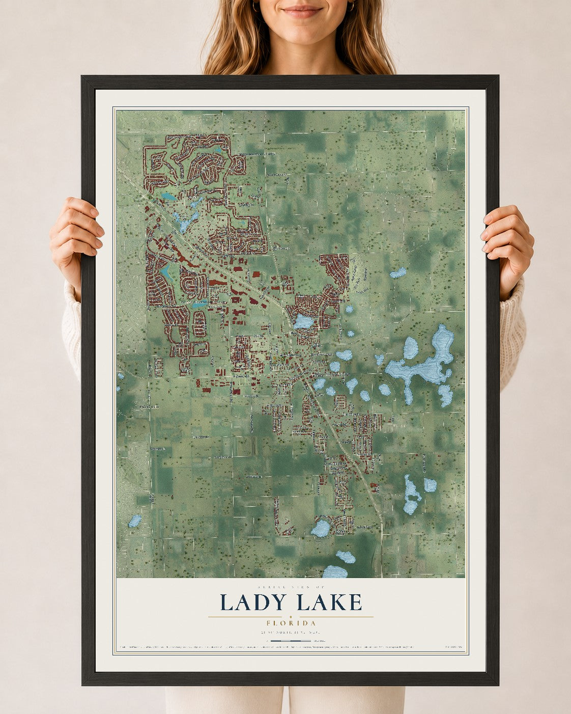 Lady Lake, Florida map print, 24" x 36" W/ Black Ayous Wood Frame mockup