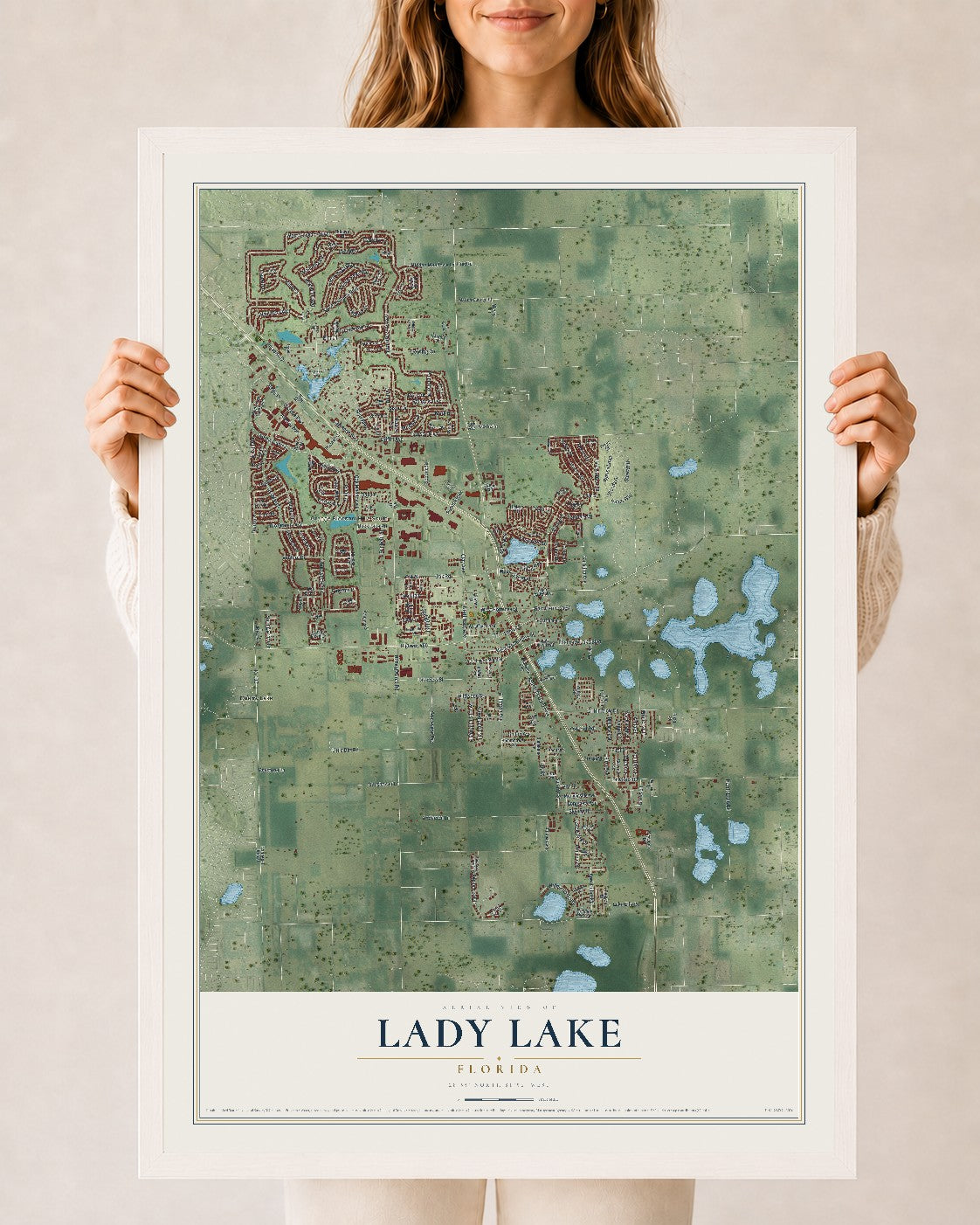 Lady Lake, Florida map print, 24" x 36" W/ White Ayous Wood Frame mockup
