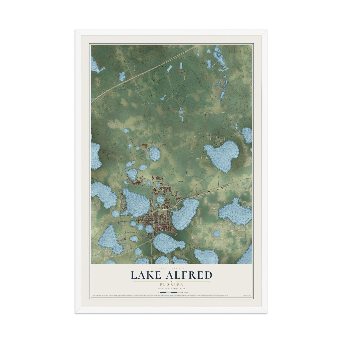 Lake Alfred, Florida map print, 12" x 18" W/ White Ayous Wood Frame mockup
