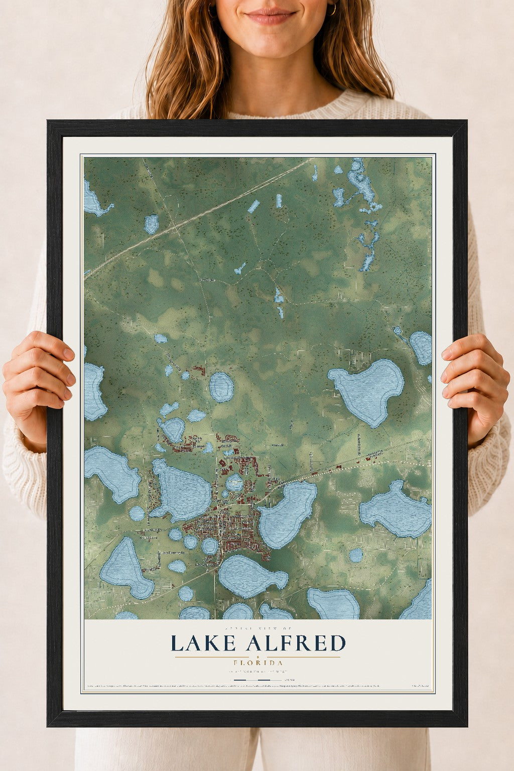 Lake Alfred, Florida map print, 18" x 24" W/ Black Ayous Wood Frame mockup