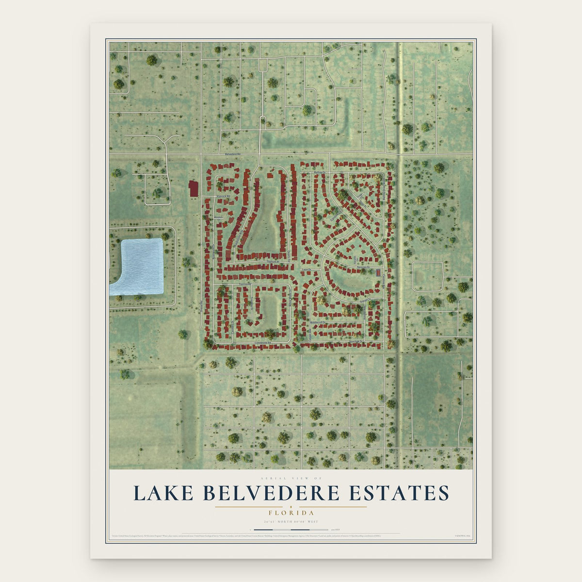Lake Belvedere Estates, Florida map print, the full design
