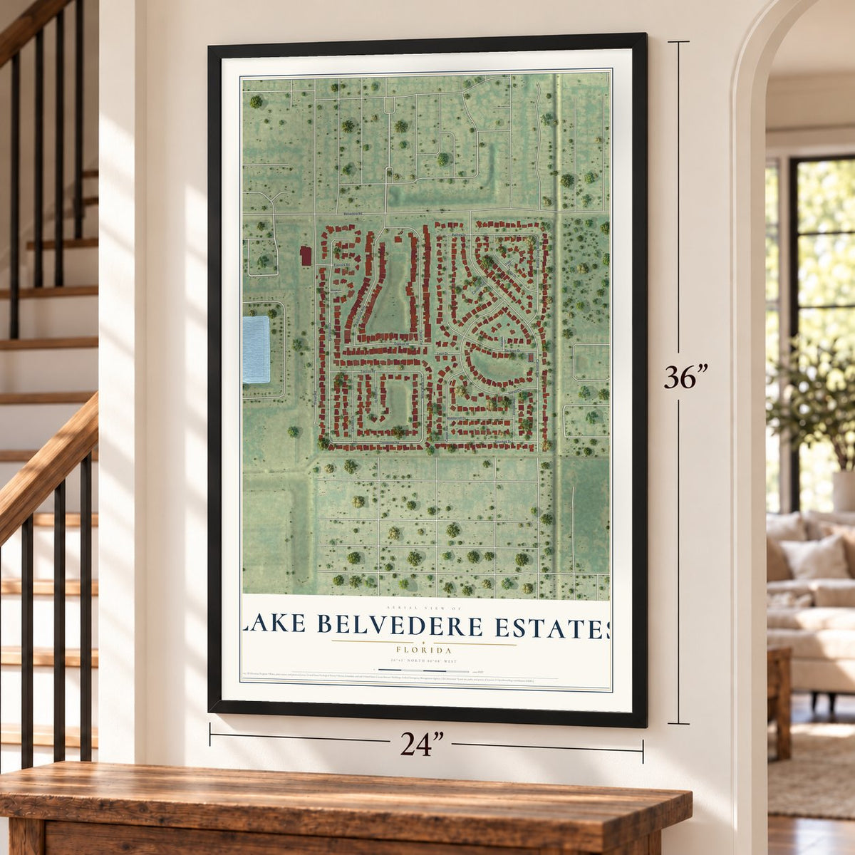 Lake Belvedere Estates, Florida map, 24 x 36 inch print in a black frame by a staircase