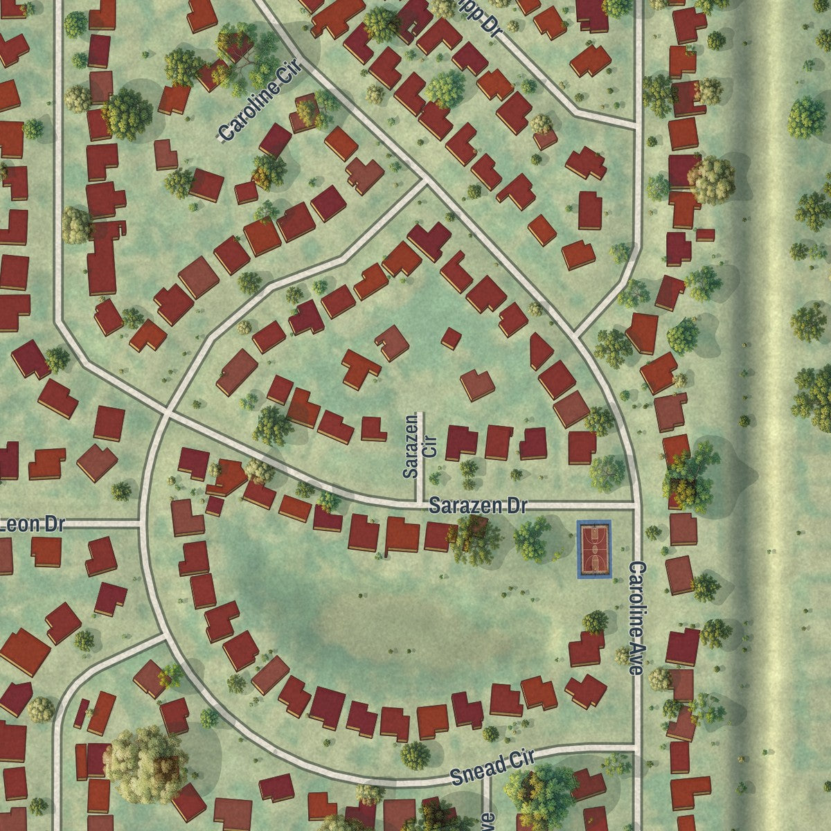 Close-up of the map of Lake Belvedere Estates, Florida print showing street and building detail