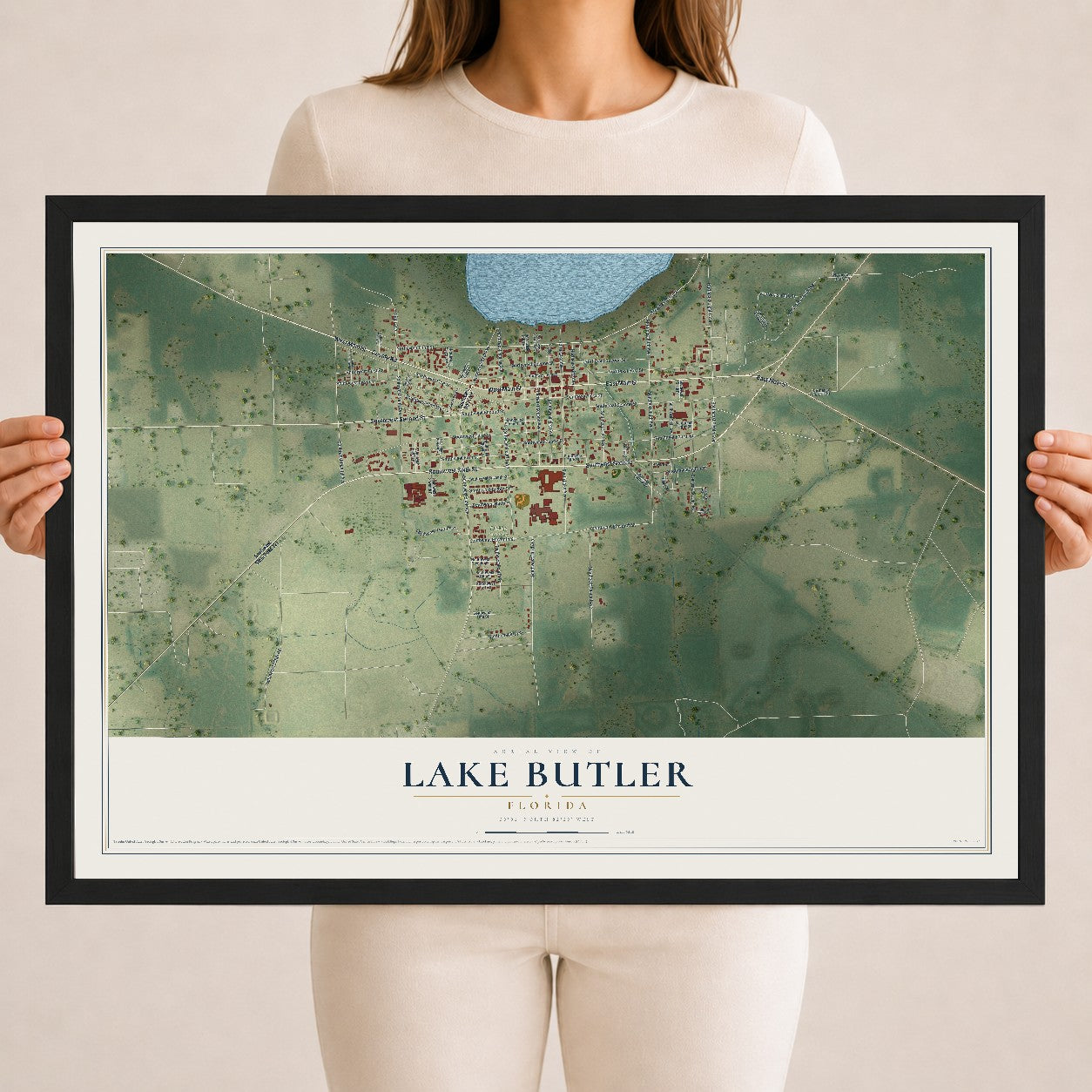 Lake Butler, Florida map print, 18" x 24" W/ Black Ayous Wood Frame mockup