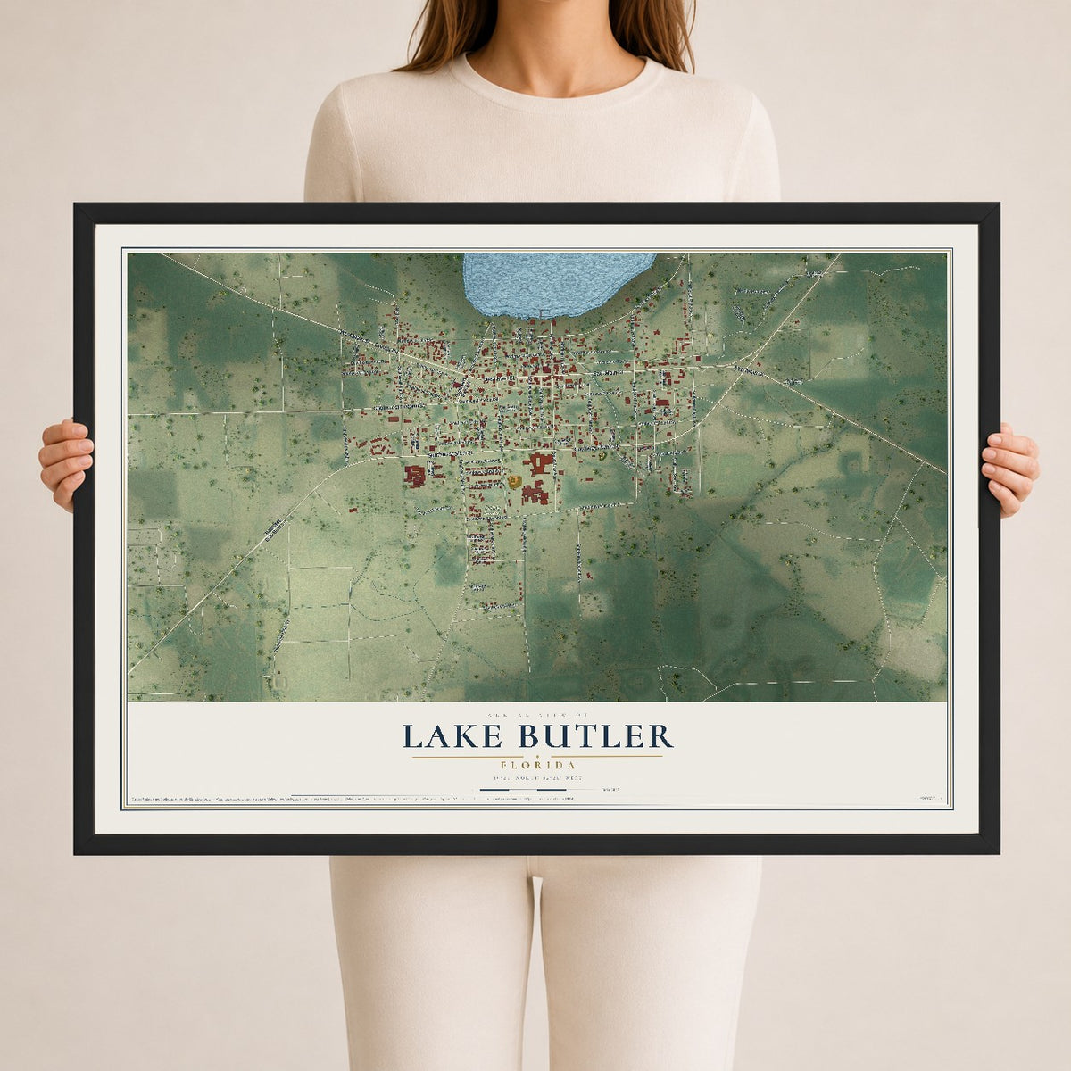 Lake Butler, Florida map print, 24" x 36" W/ Black Ayous Wood Frame mockup