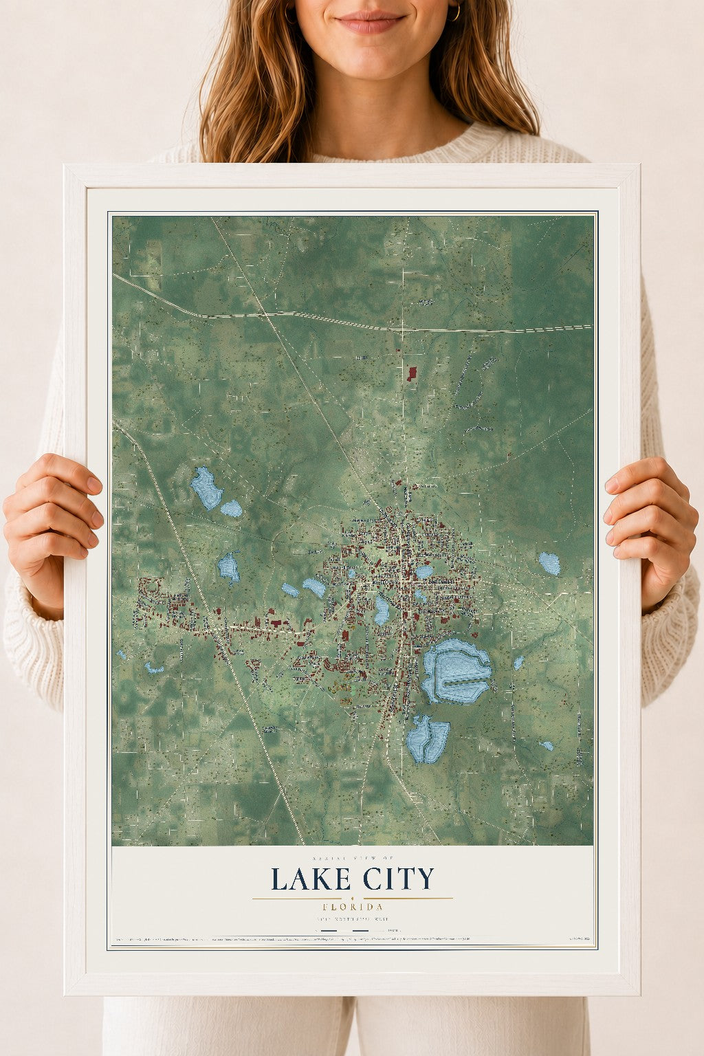 Lake City, Florida map print, 18" x 24" W/ White Ayous Wood Frame mockup