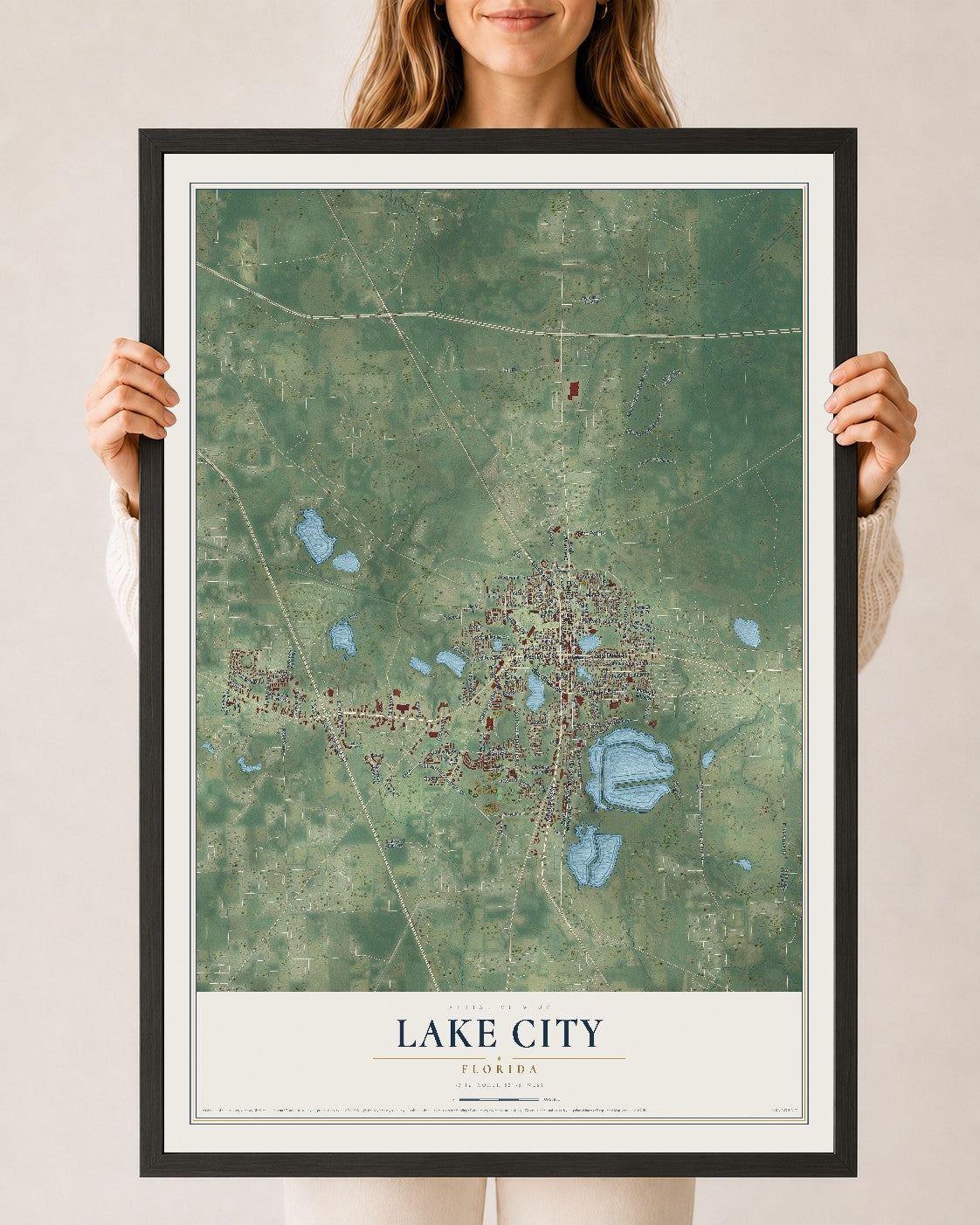 Lake City, Florida map print, 24" x 36" W/ Black Ayous Wood Frame mockup