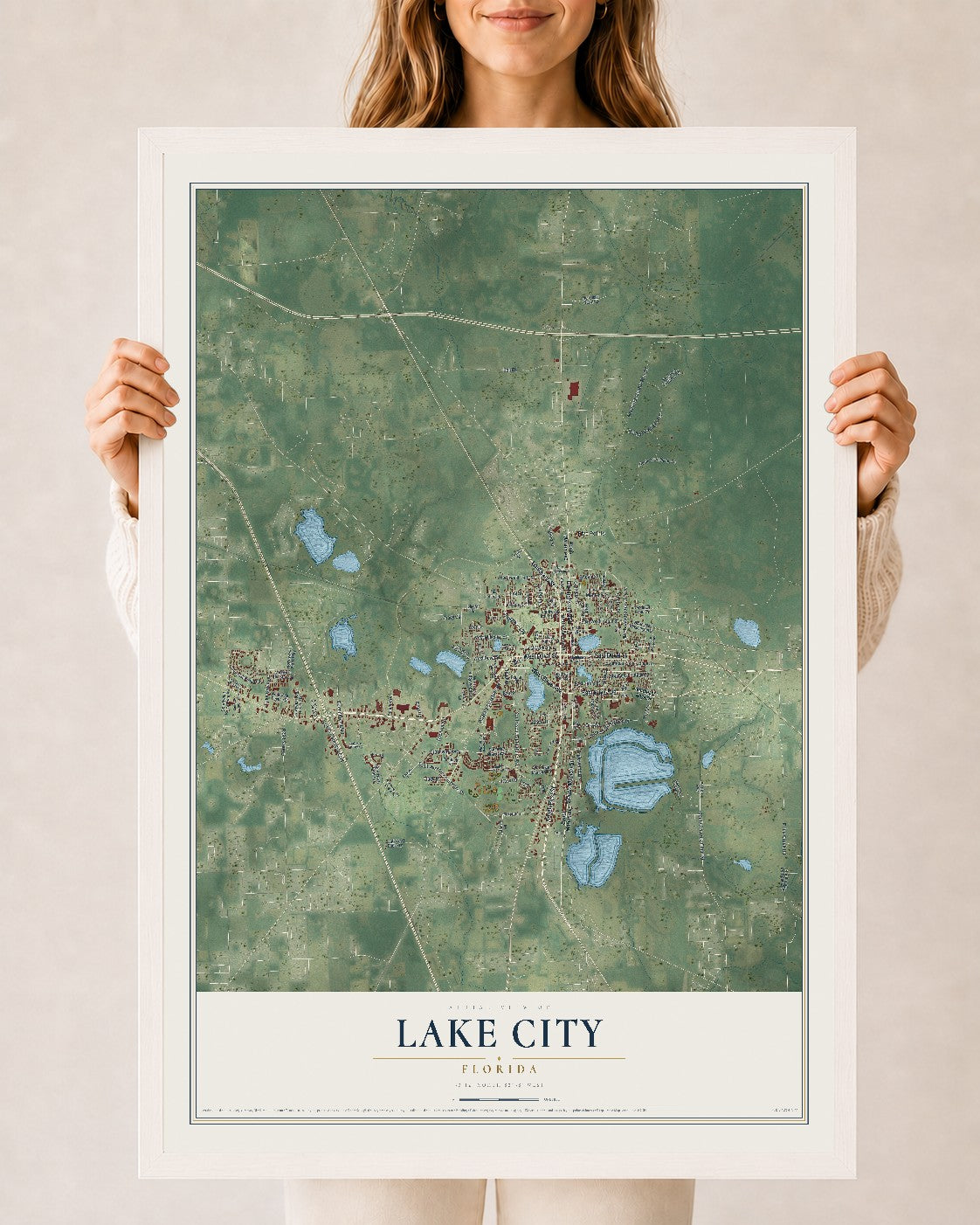 Lake City, Florida map print, 24" x 36" W/ White Ayous Wood Frame mockup